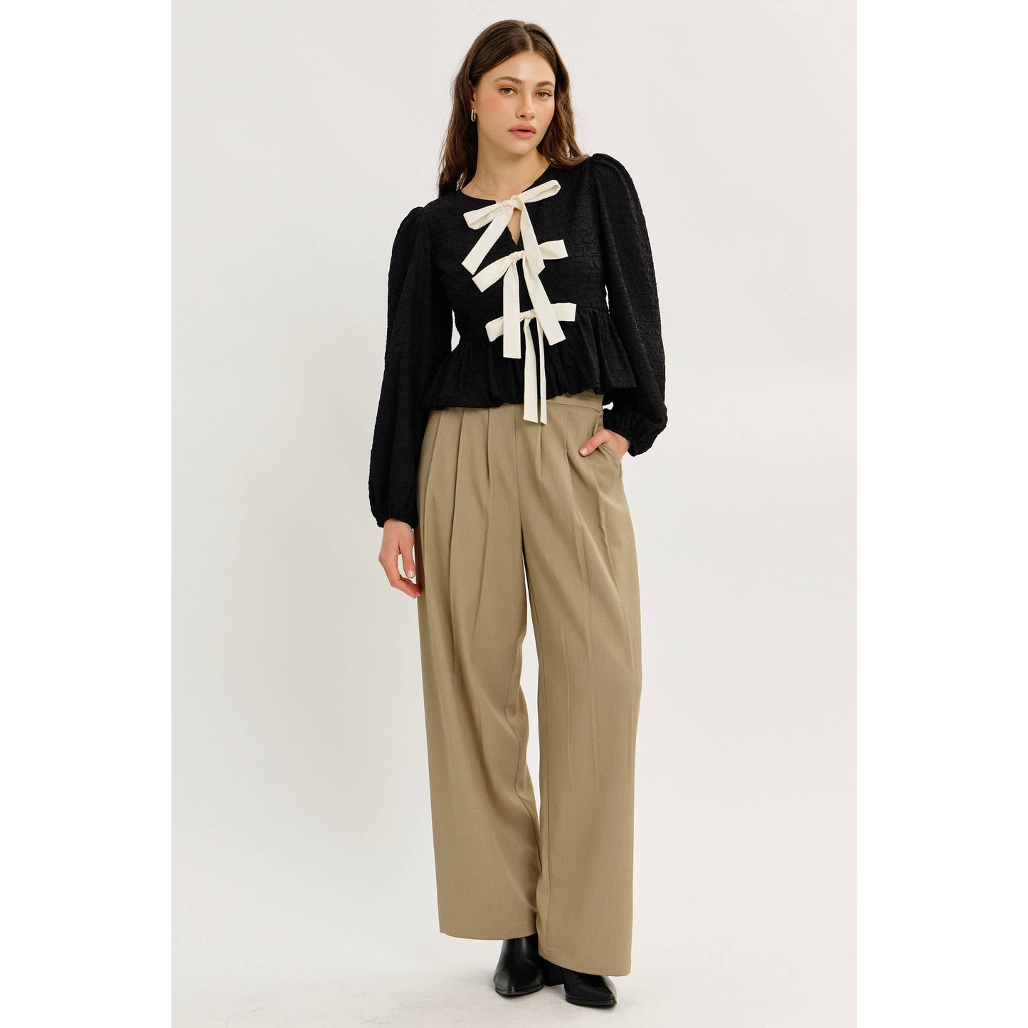 idem ditto - TEXTURED BUBBLE HEM BLOUSE TOP WITH BOW FRONT TOP