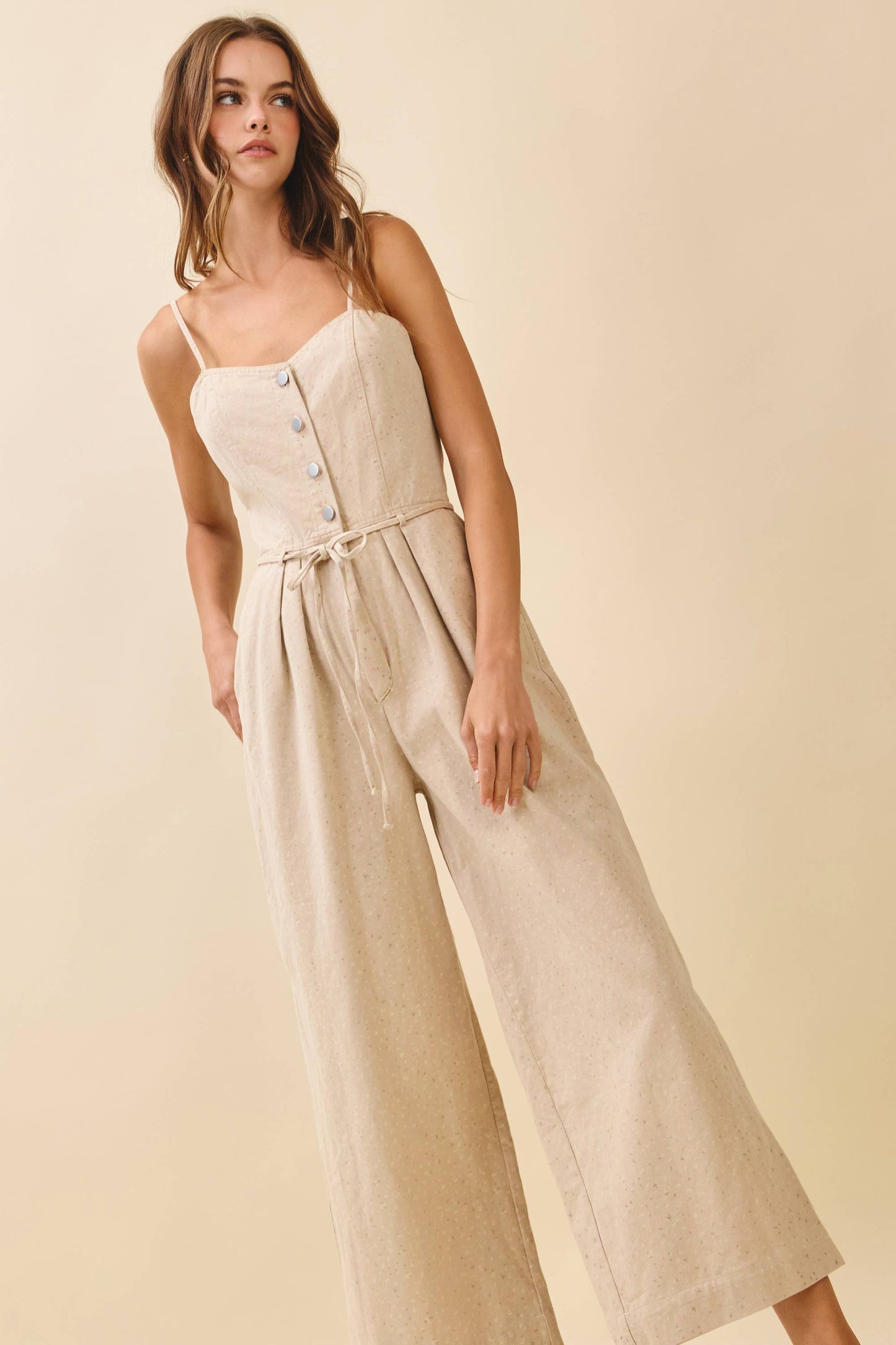 TCEC - CP10237-Micro Floral Print Wide Leg Sweetheart Jumpsuit