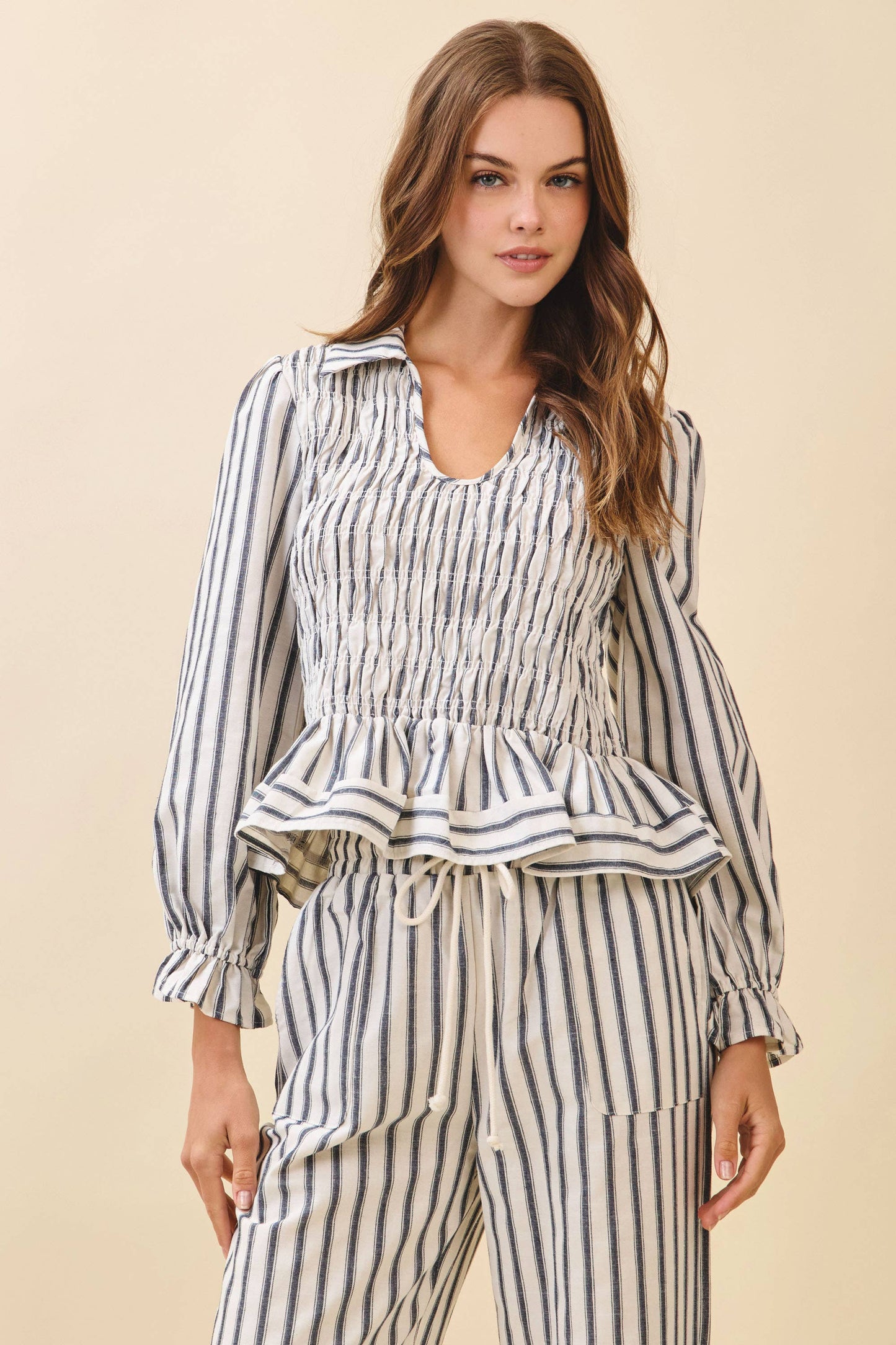 TCEC Vertical Striped Smocked Bodice Peplum Hem Top