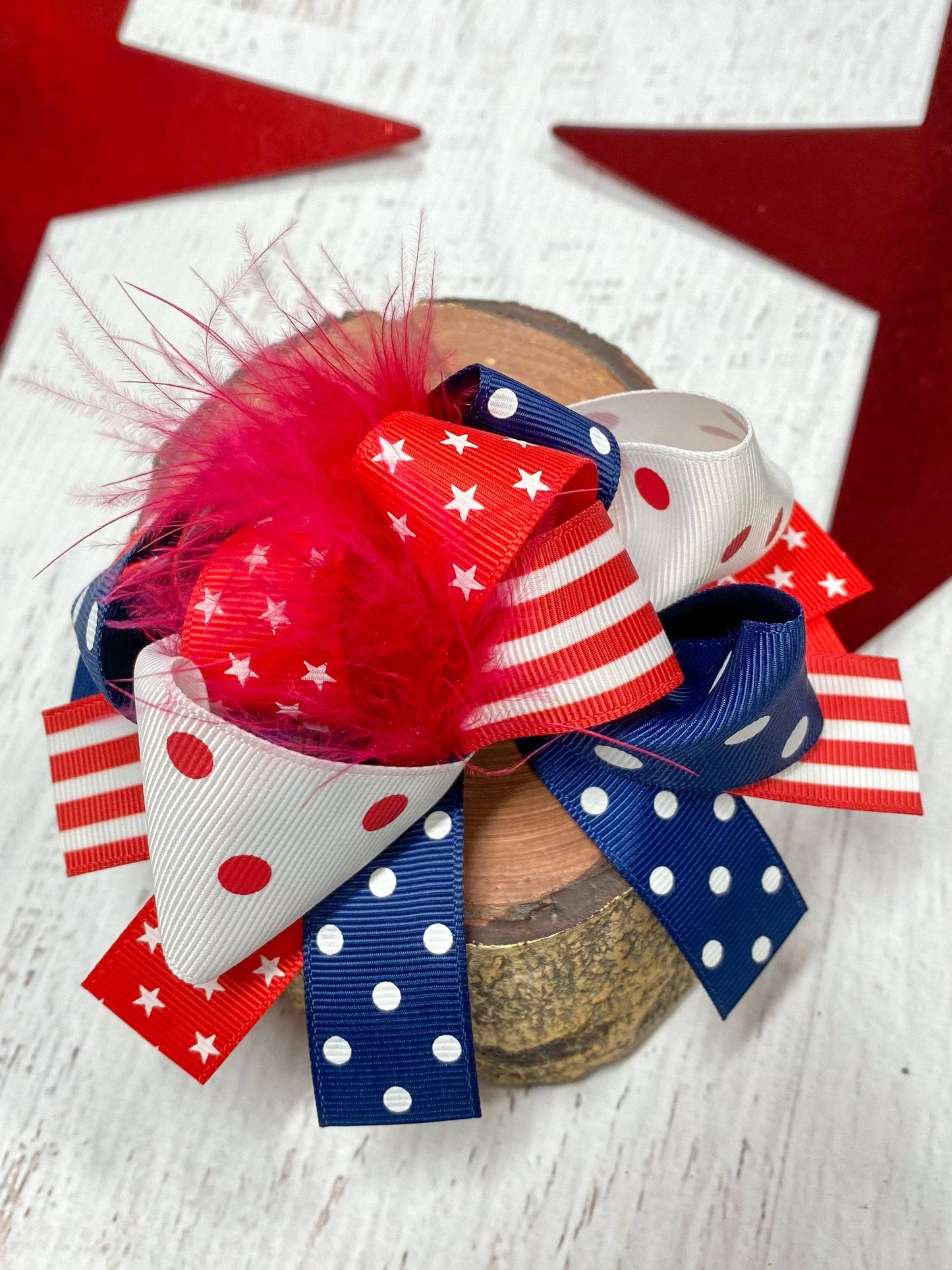 The Hair Bow Company - Red, Navy & White Stars Marabou Bow
