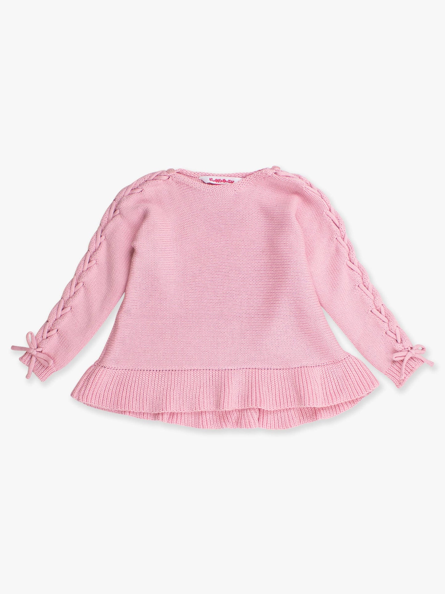 RuffleButts + RuggedButts - Girls Pink Ruffle Hem Lace Up Sweater