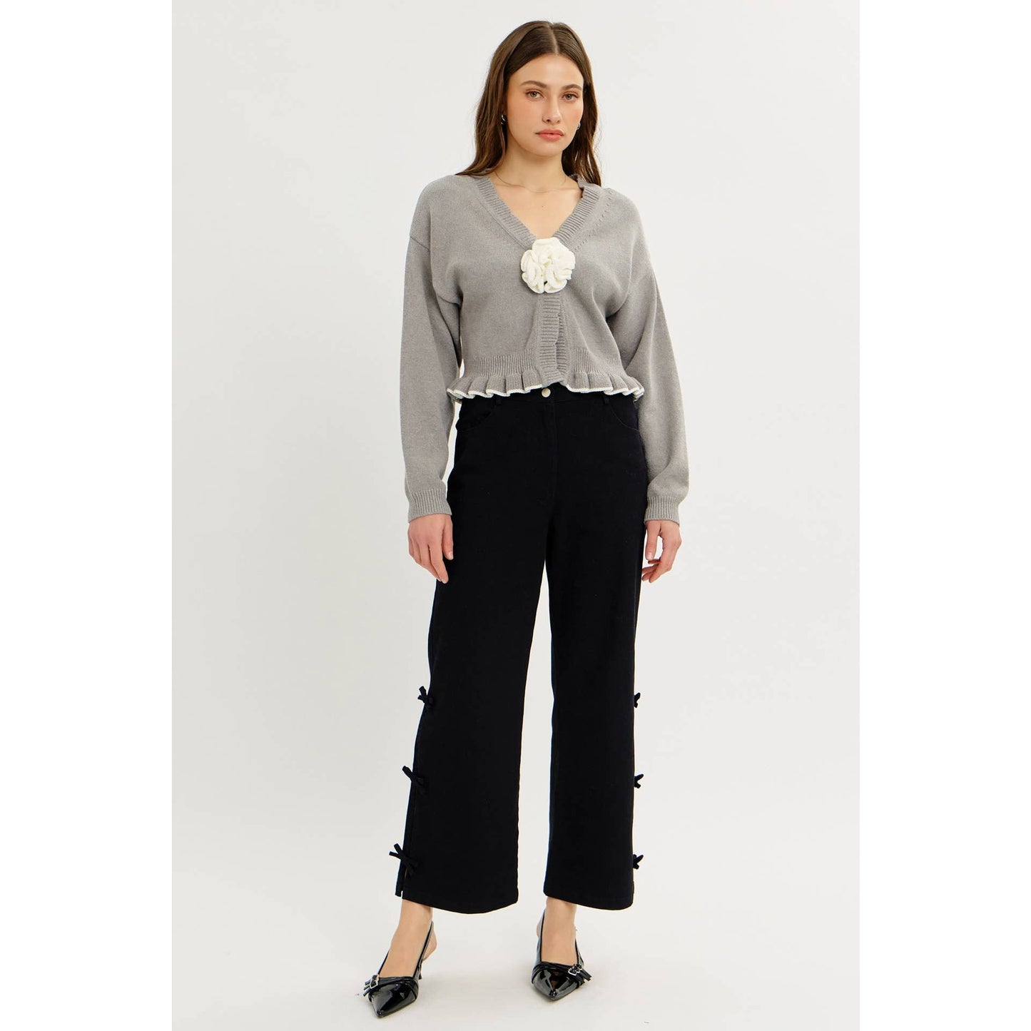 idem ditto - STATEMENT ROSETTE SNAP CARDIGAN WITH RUFFLED HEM