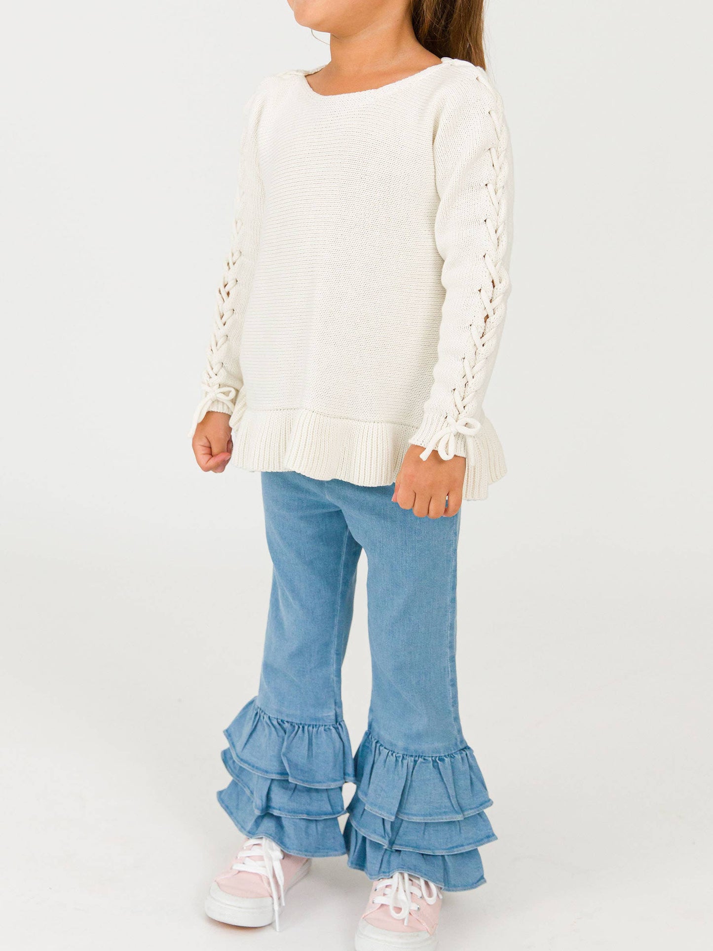 RuffleButts + RuggedButts - Toddler Girls Light Wash Denim Denim Ruffle Flare Pants with Signature Rear Ruffles