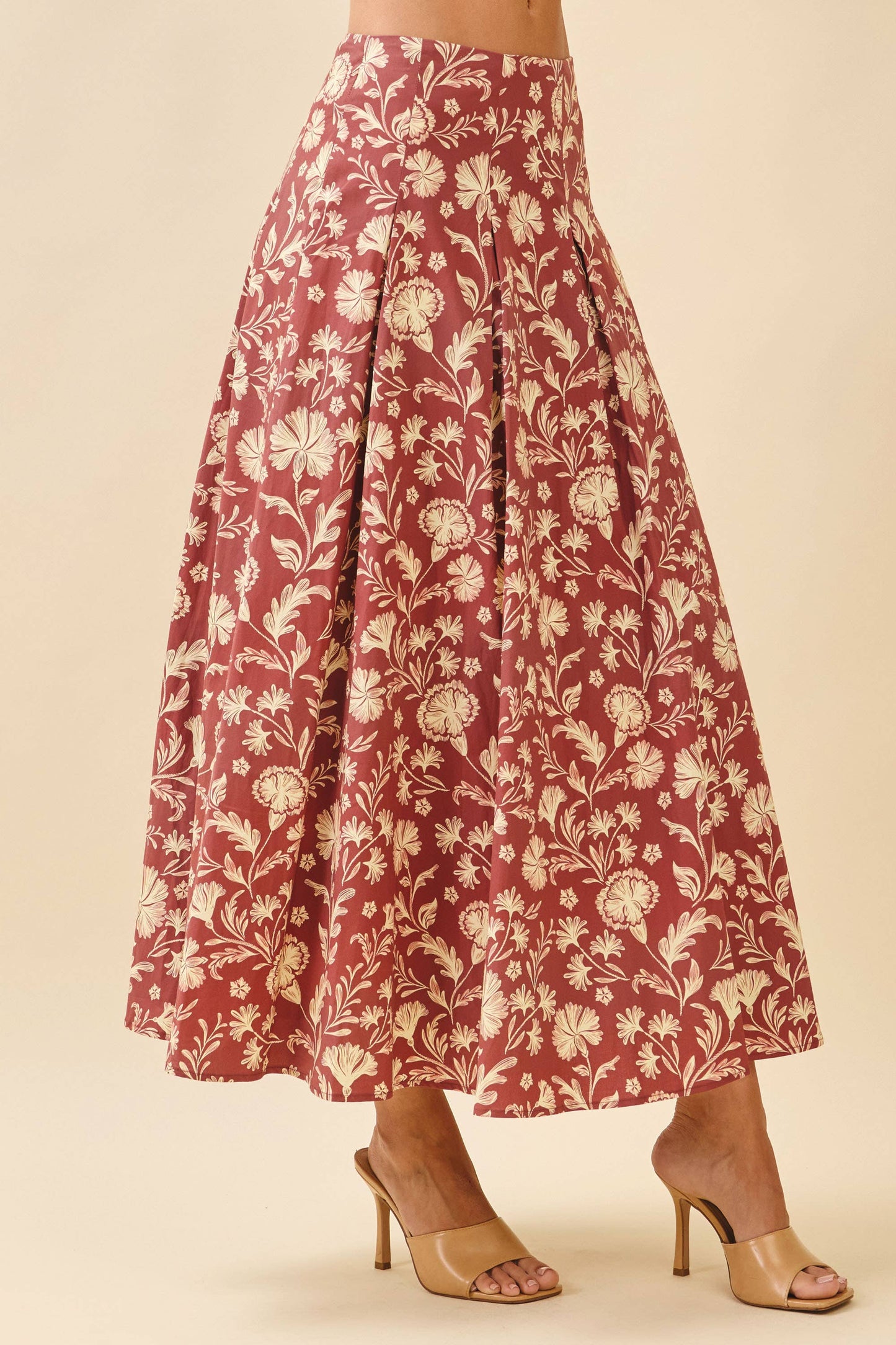TCEC - CS3907-Floral Print Pleated Detail A Line Midi Skirt