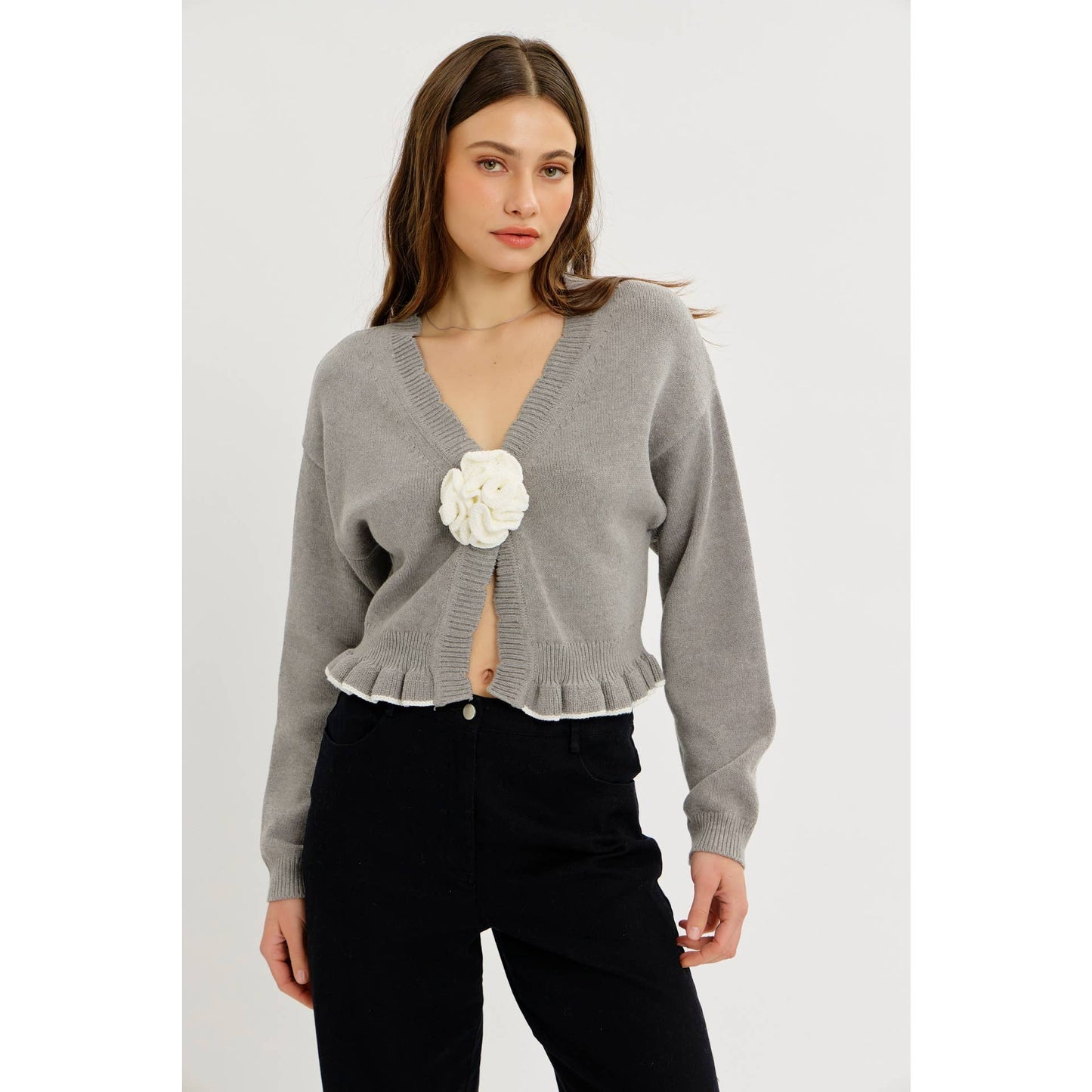 idem ditto - STATEMENT ROSETTE SNAP CARDIGAN WITH RUFFLED HEM
