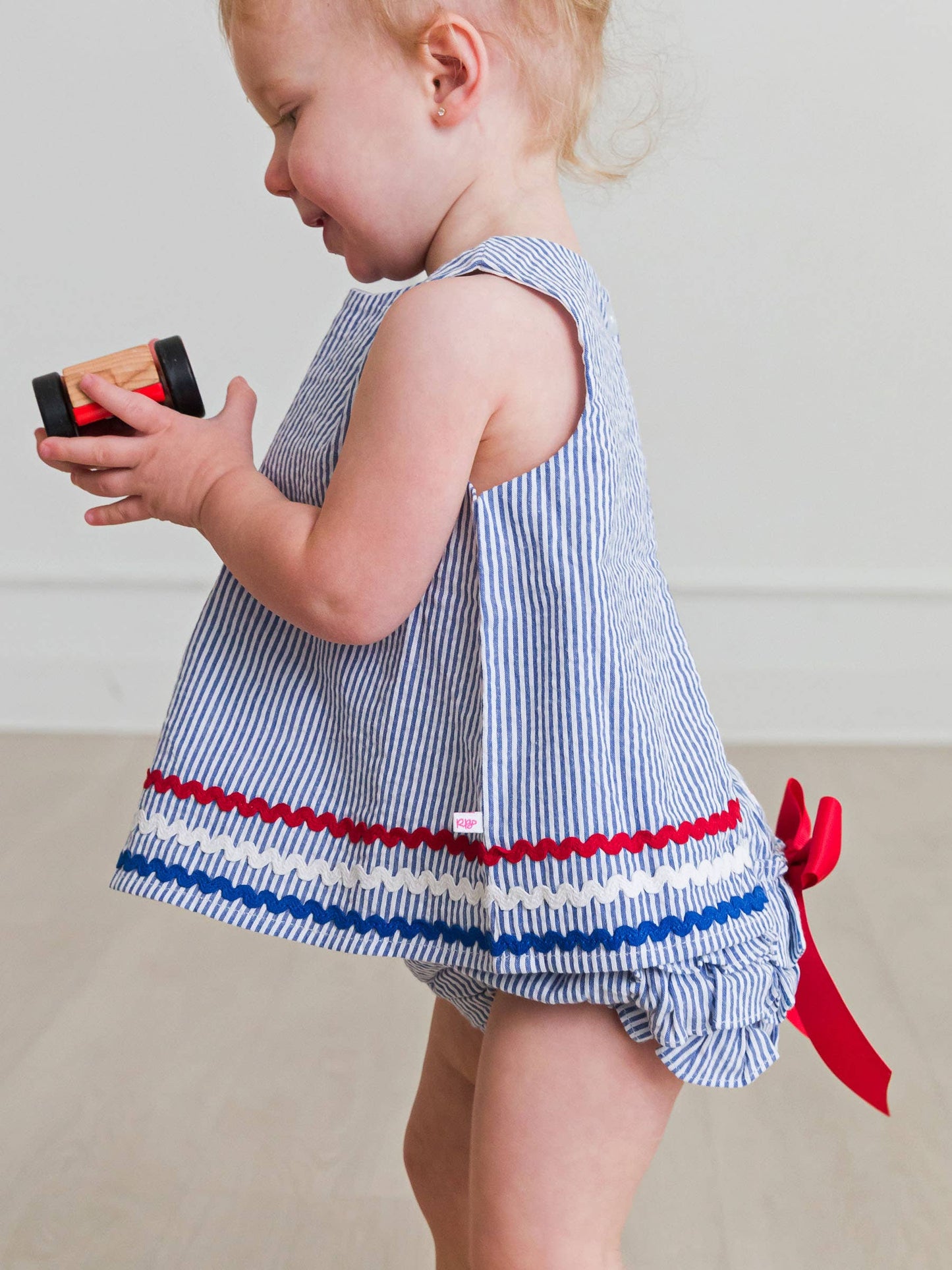 RuffleButts + RuggedButts - Baby Girls Classic Blue Americana Seersucker Ric Rac Swing Top & Bloomer Set