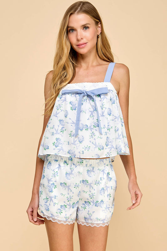 TCEC - CST1020-Floral Bow Print Lace Hemmed Pajama Set
