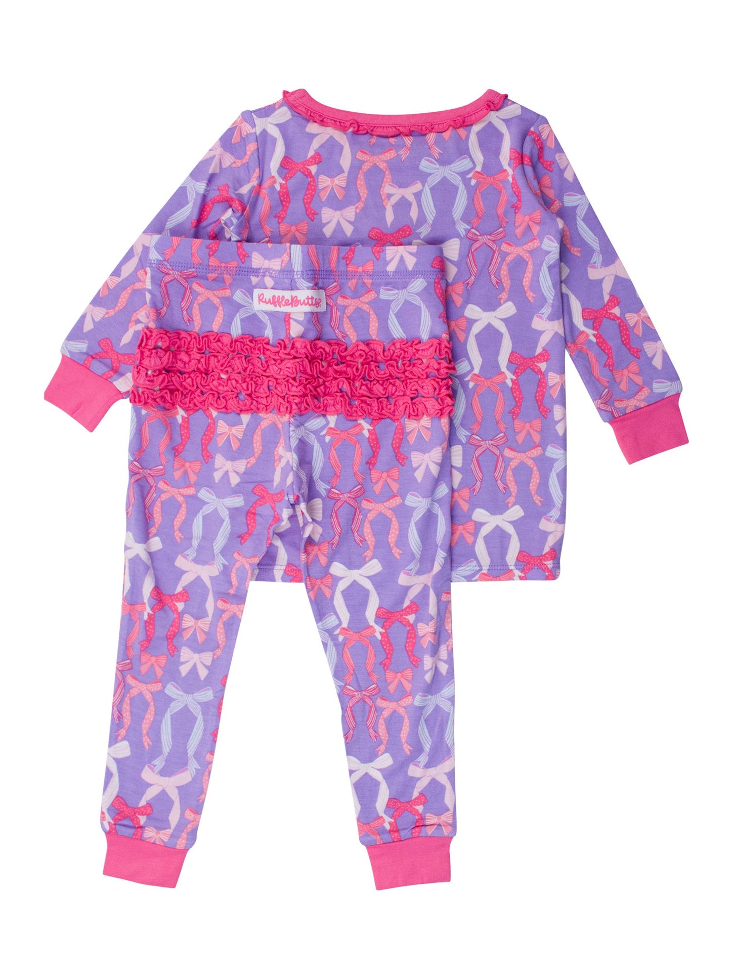 RuffleButts + RuggedButts - Toddler Girls Rosy Ribbons Bamboo Viscose Ruffle Long Sleeve Pajama Set