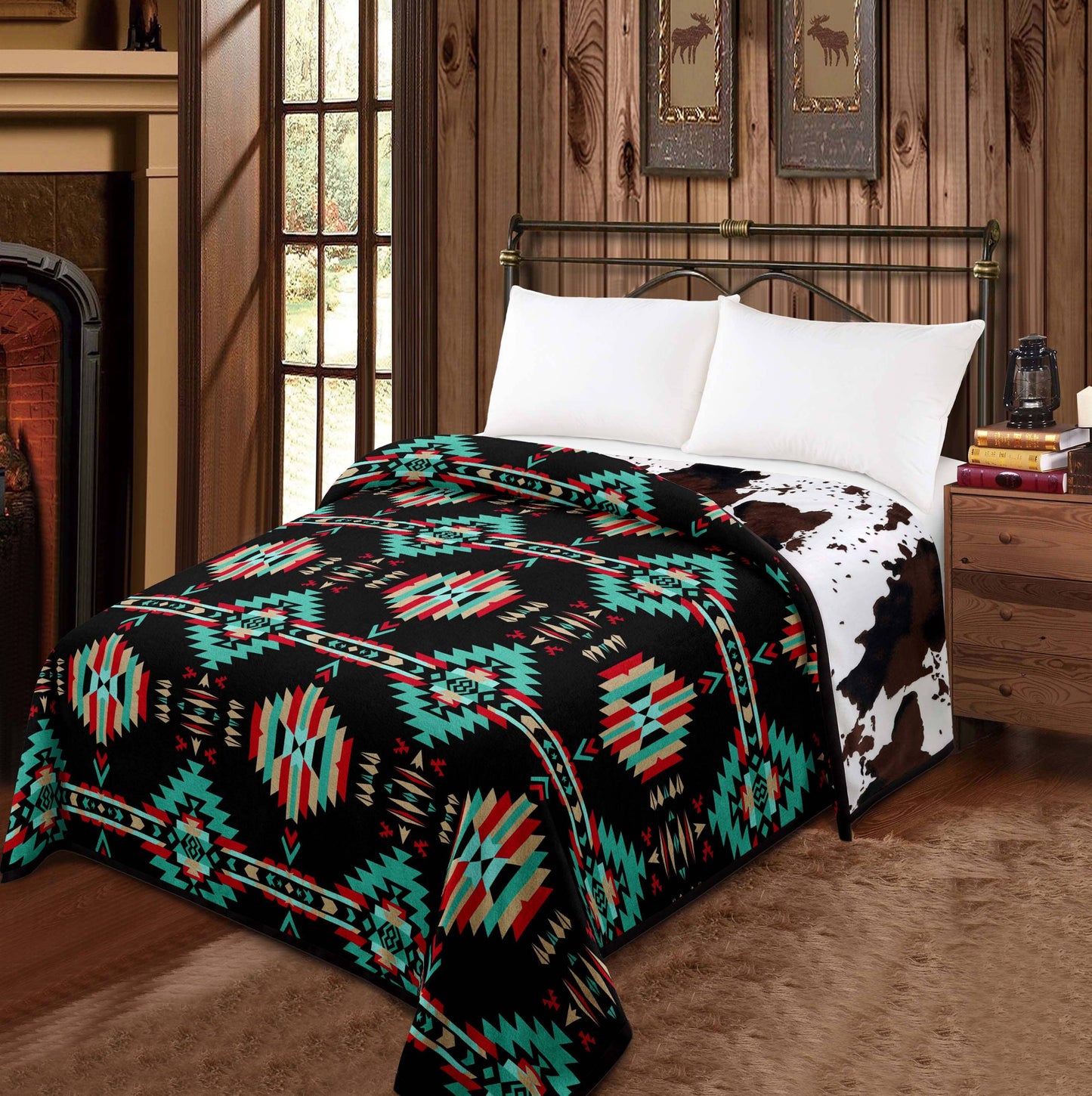 Western Linens - Black Aztec - Cowprint Mia Reversible 2 Design Blanket