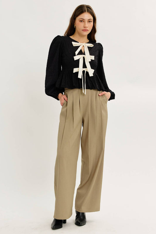 idem ditto - TEXTURED BUBBLE HEM BLOUSE TOP WITH BOW FRONT TOP