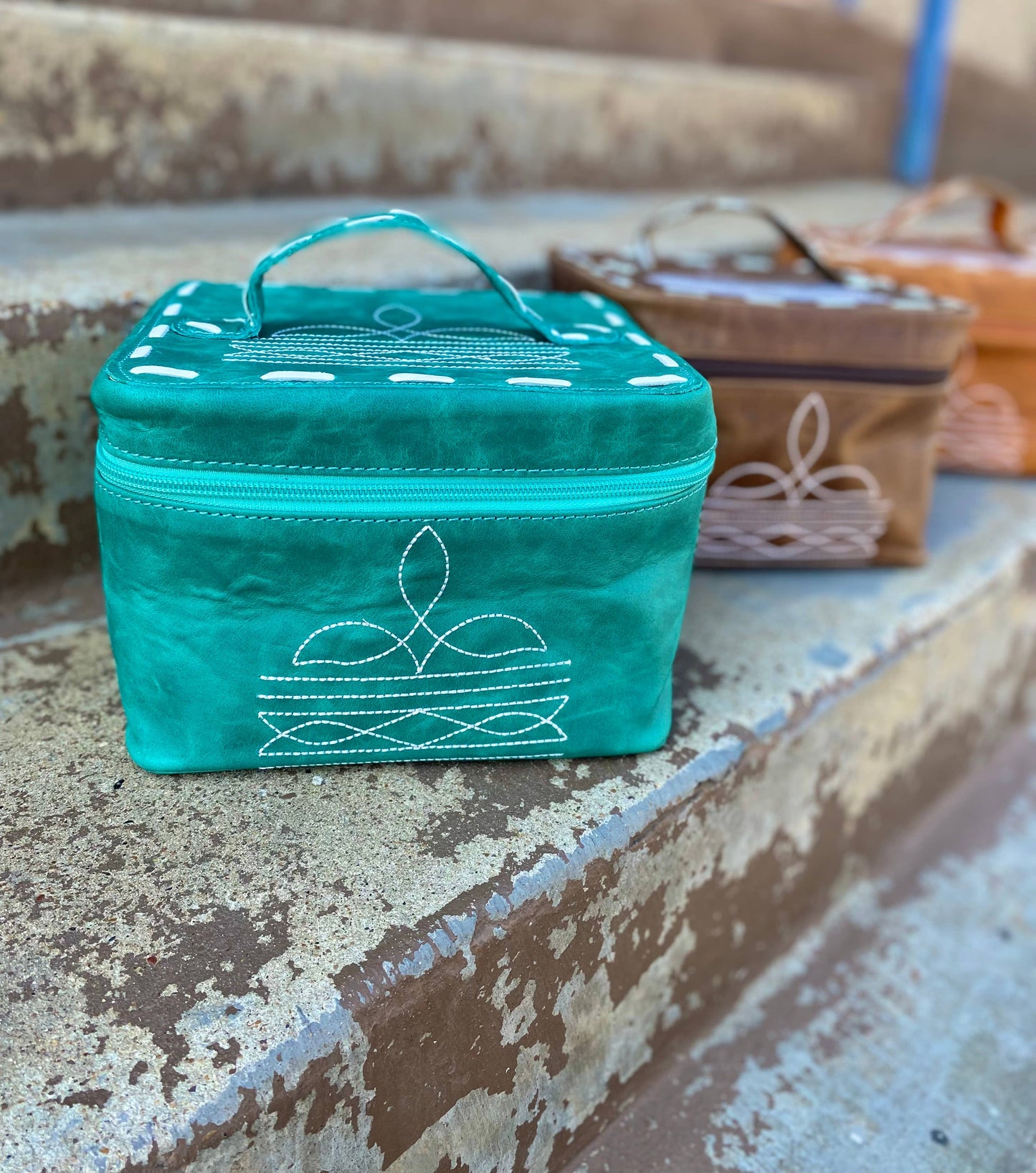 Western Linens - Turquoise BootStitch Makeup Bag with Handle