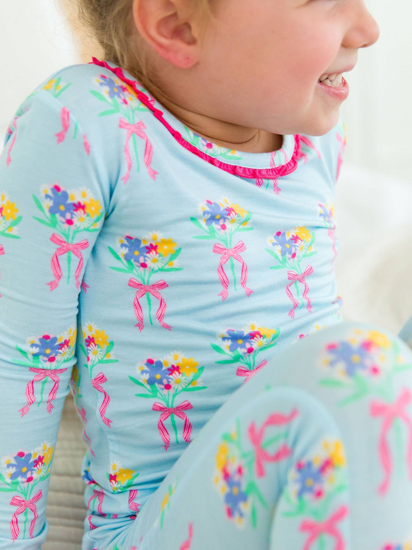 RuffleButts + RuggedButts - Toddler Girls Bows and Bouquets Bamboo Viscose Ruffle Long Sleeve Pajama Set