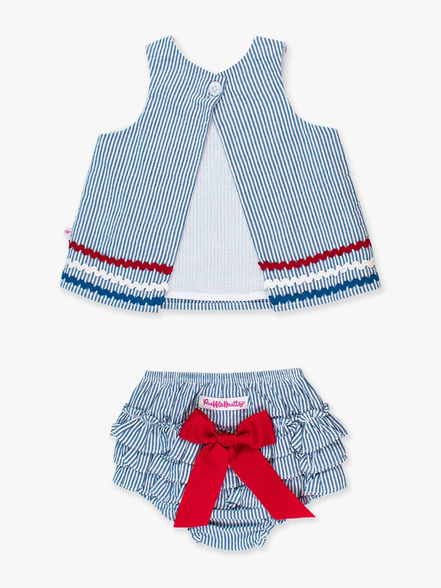 RuffleButts + RuggedButts - Baby Girls Classic Blue Americana Seersucker Ric Rac Swing Top & Bloomer Set