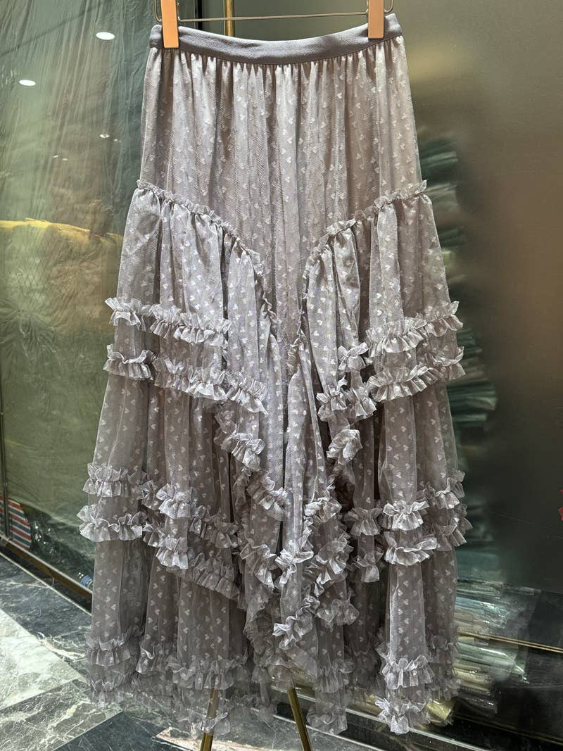 Miss Sparkling - Lace ruffle mesh maxi skirt