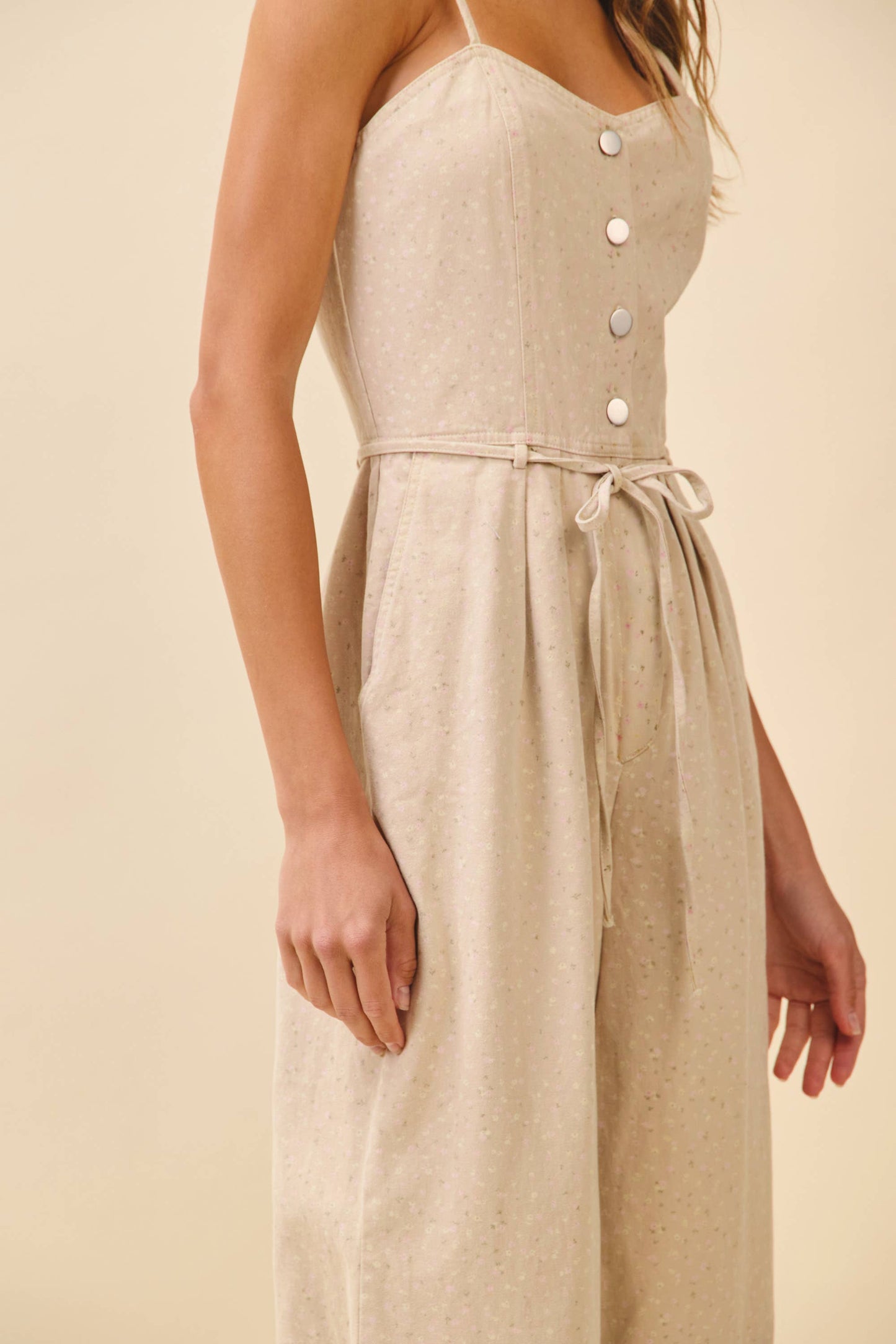 TCEC - CP10237-Micro Floral Print Wide Leg Sweetheart Jumpsuit