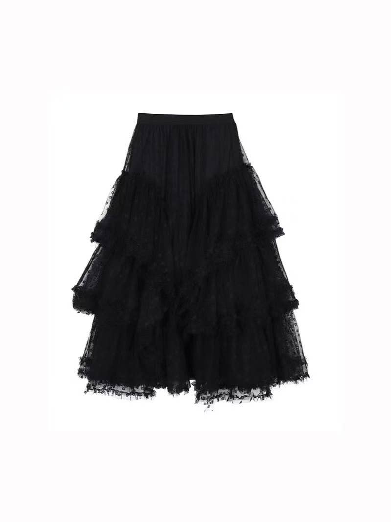 Miss Sparkling - Lace ruffle mesh maxi skirt