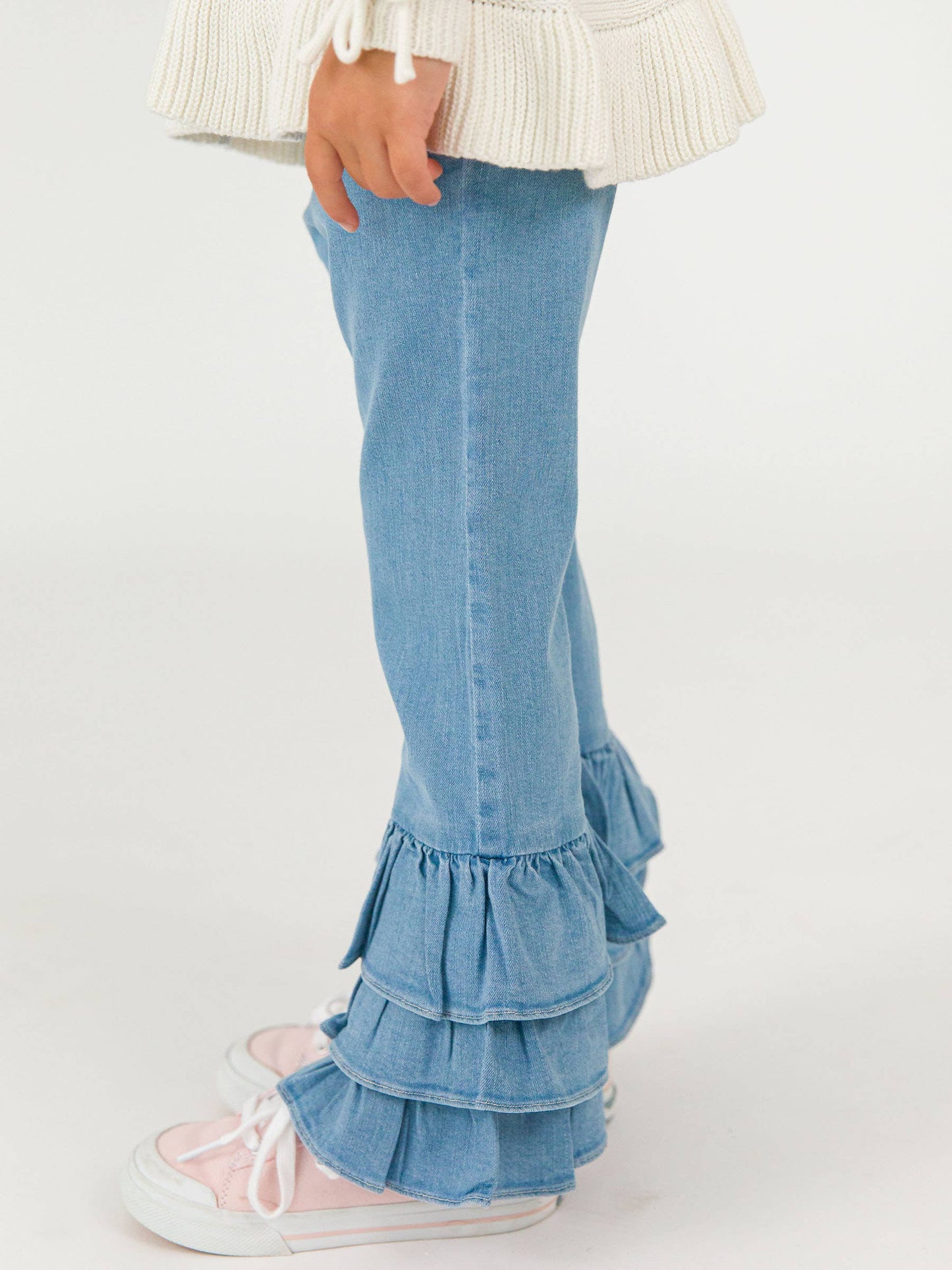RuffleButts + RuggedButts - Toddler Girls Light Wash Denim Denim Ruffle Flare Pants with Signature Rear Ruffles