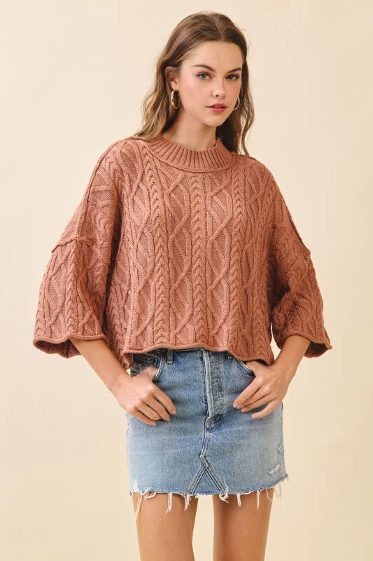 TCEC Chunky Ribbed Mock Neck Crop Cable Knit Sweater