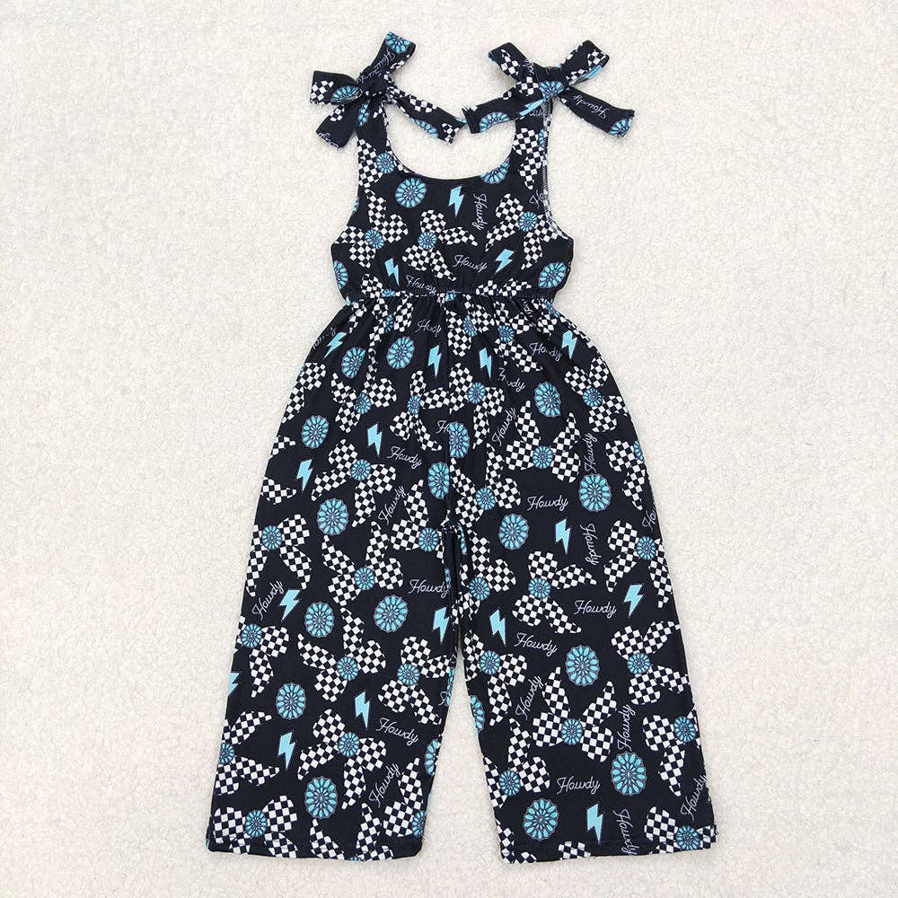 Aier Wholesale - Baby Girls Straps Western Howdy Turquoise Jumpsuit