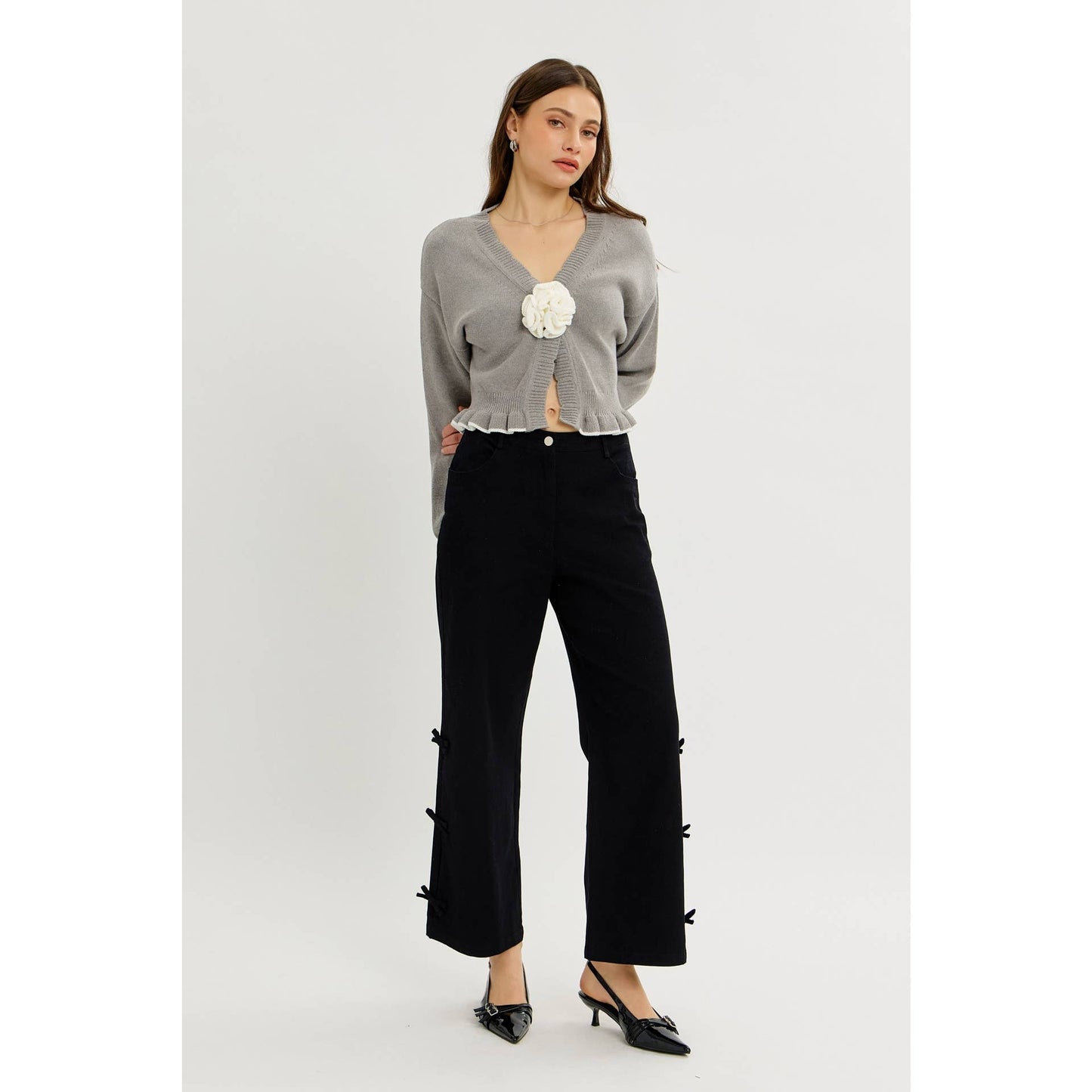 idem ditto - STATEMENT ROSETTE SNAP CARDIGAN WITH RUFFLED HEM