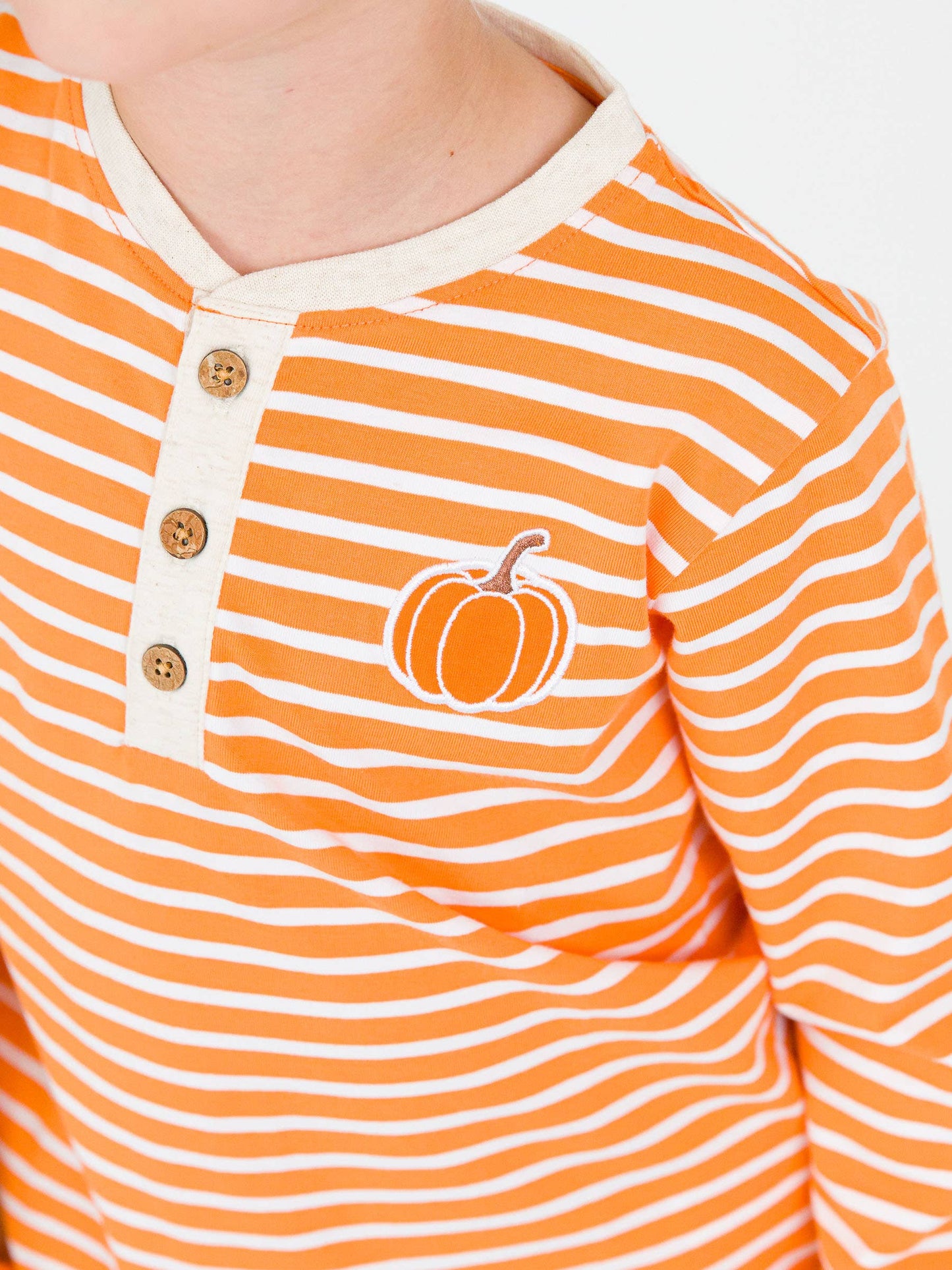 RuffleButts + RuggedButts - Boys Pumpkin Orange Stripe Knit Long Sleeve Embroidered Henley Tee