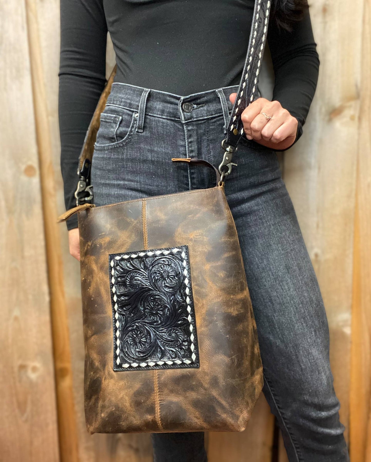 Western Linens - Brown Rustic Leather & Tooled Floral Crossbody