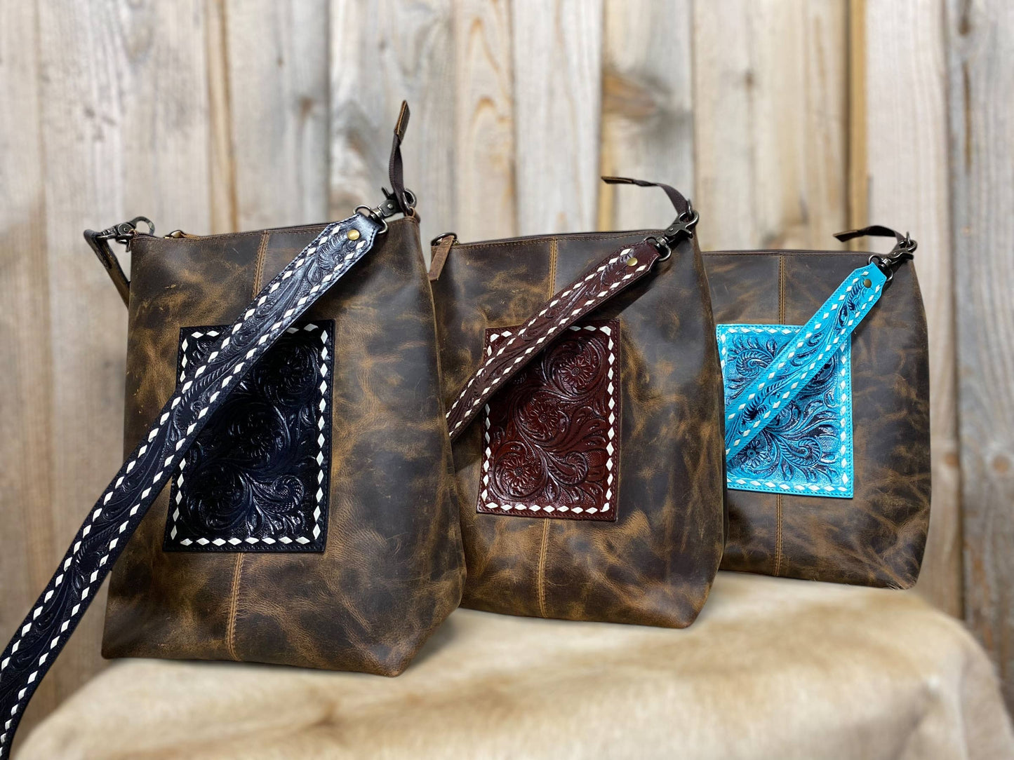 Western Linens - Brown Rustic Leather & Tooled Floral Crossbody