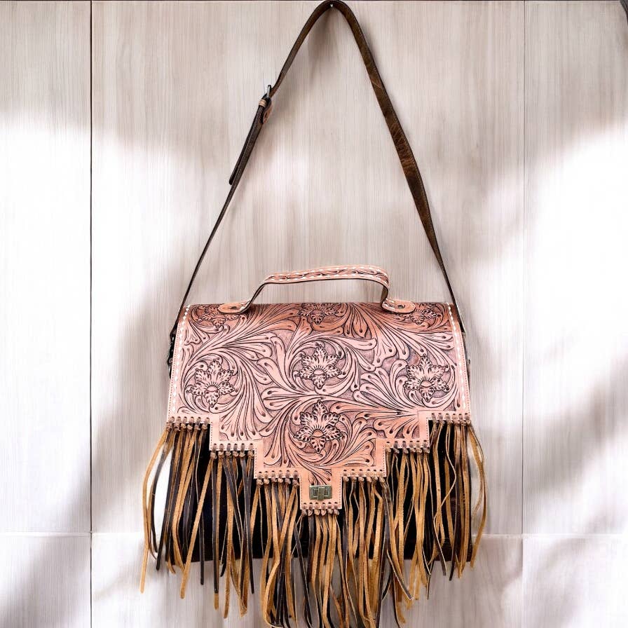 Western Linens - Oversize hand tooled fringe carry shoulder bag