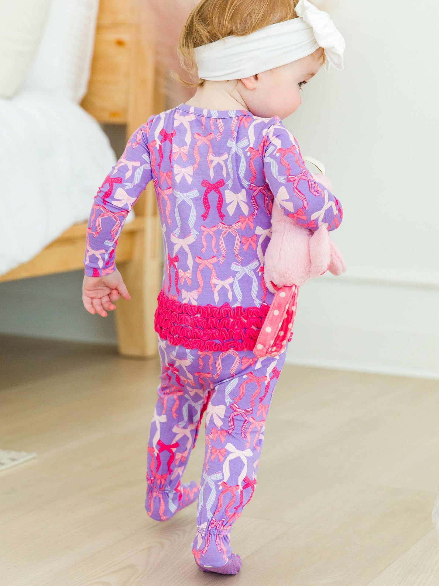 RuffleButts + RuggedButts - Baby Girls Rosy Ribbons Bamboo Viscose Footed Ruffle One Piece Pajama