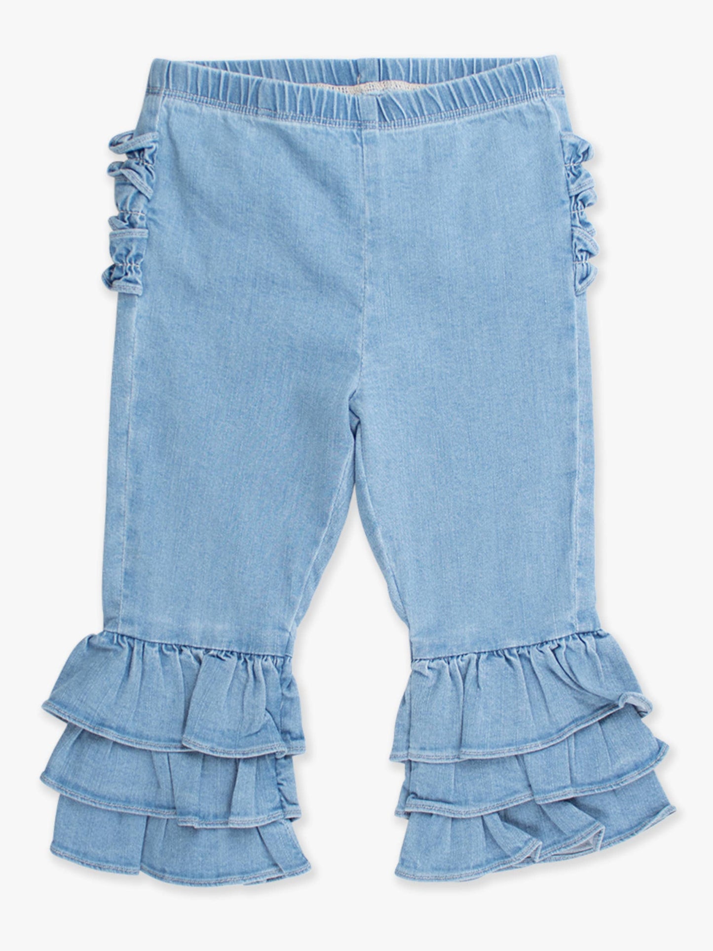RuffleButts + RuggedButts - Toddler Girls Light Wash Denim Denim Ruffle Flare Pants with Signature Rear Ruffles