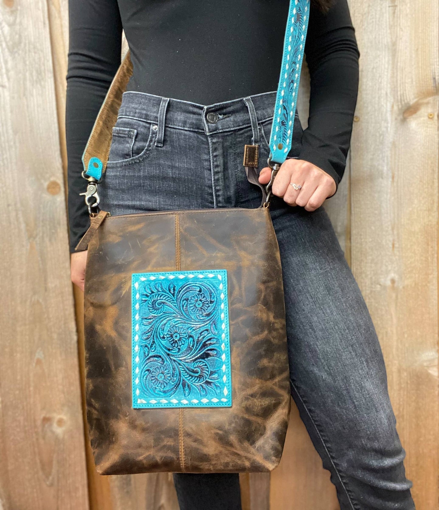 Western Linens - Turquoise Rustic Leather & Tooled Floral Crossbody