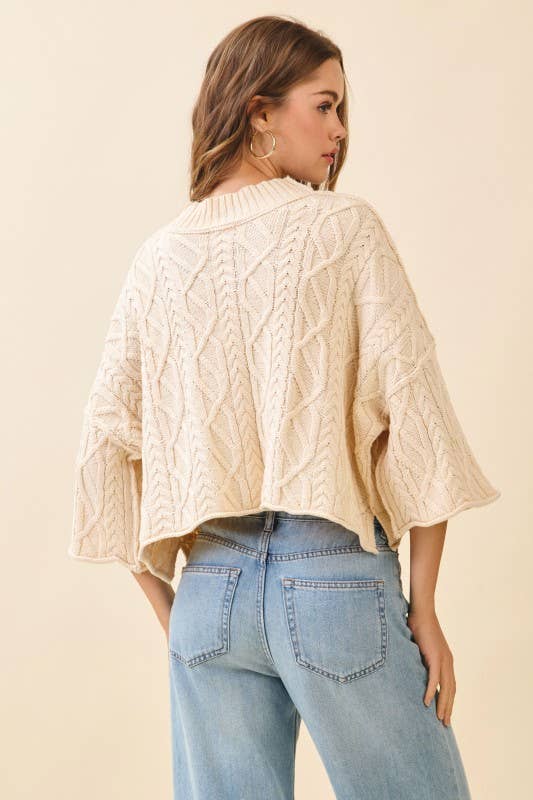 TCEC Chunky Ribbed Mock Neck Crop Cable Knit Sweater