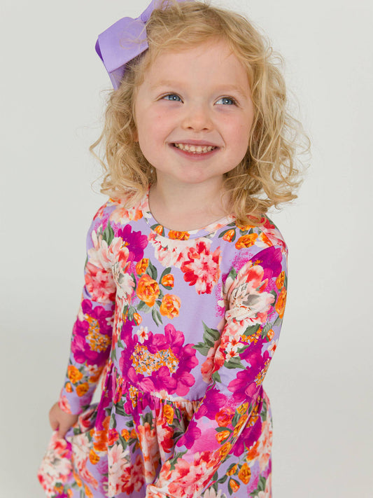 RuffleButts + RuggedButts - Girls Lavender Valley Knit Long Sleeve Twirl Dress