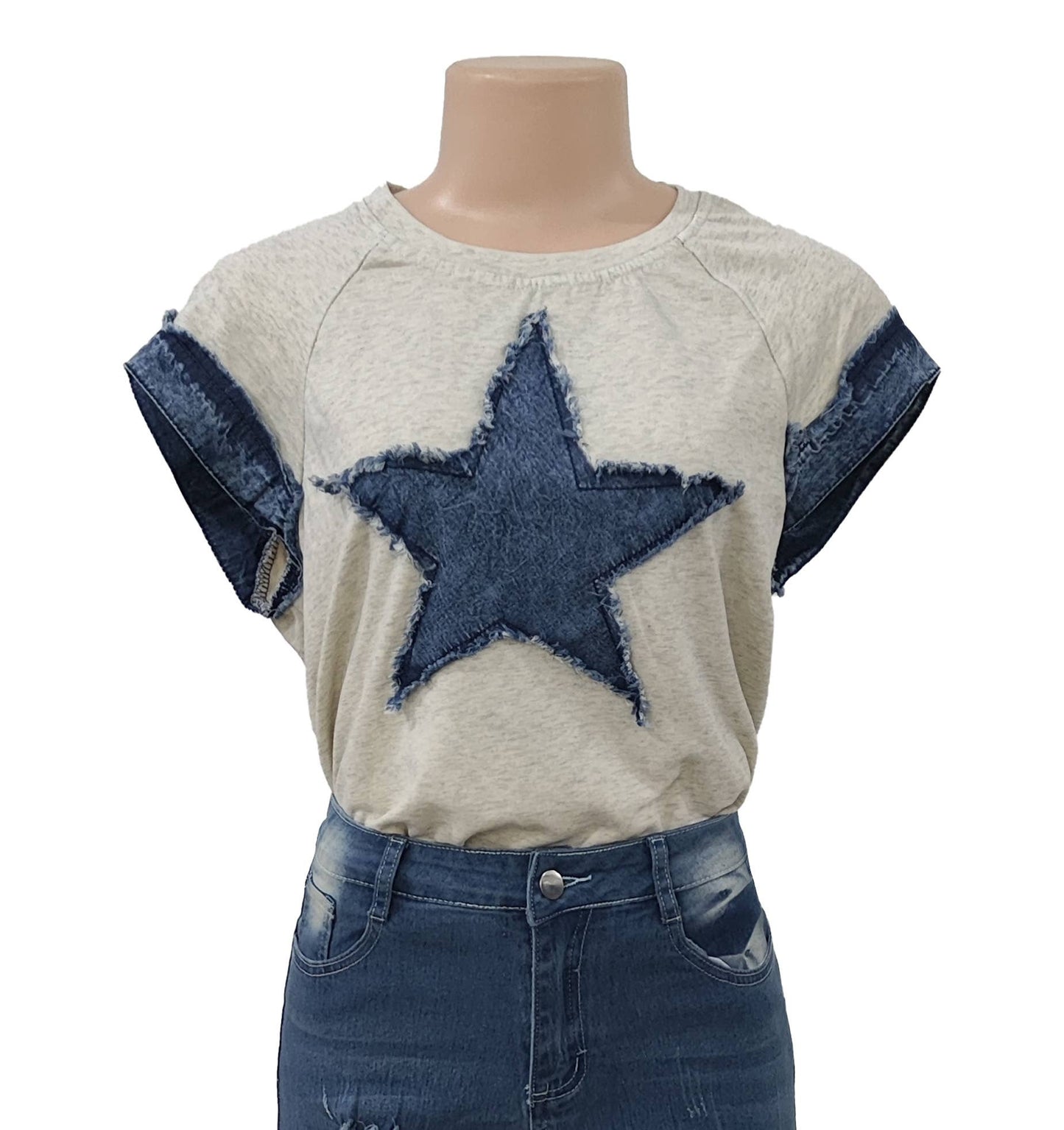 Rosa Clothing - Edgy Denim Star Patch Trim Sleeve Short-Sleeve Top