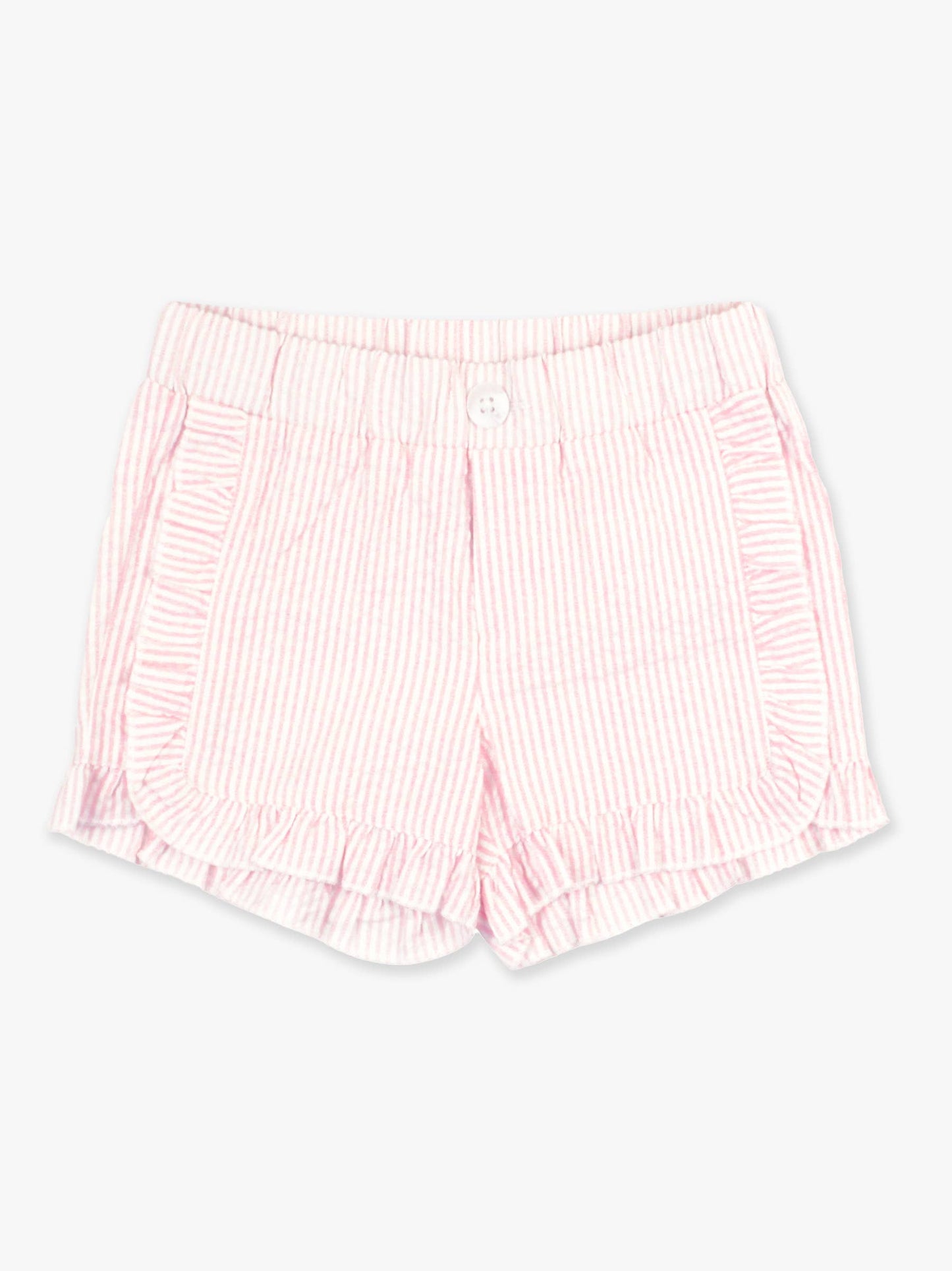 RuffleButts + RuggedButts - Toddler Girls Pink Seersucker Ruffle Trim Woven Shorts