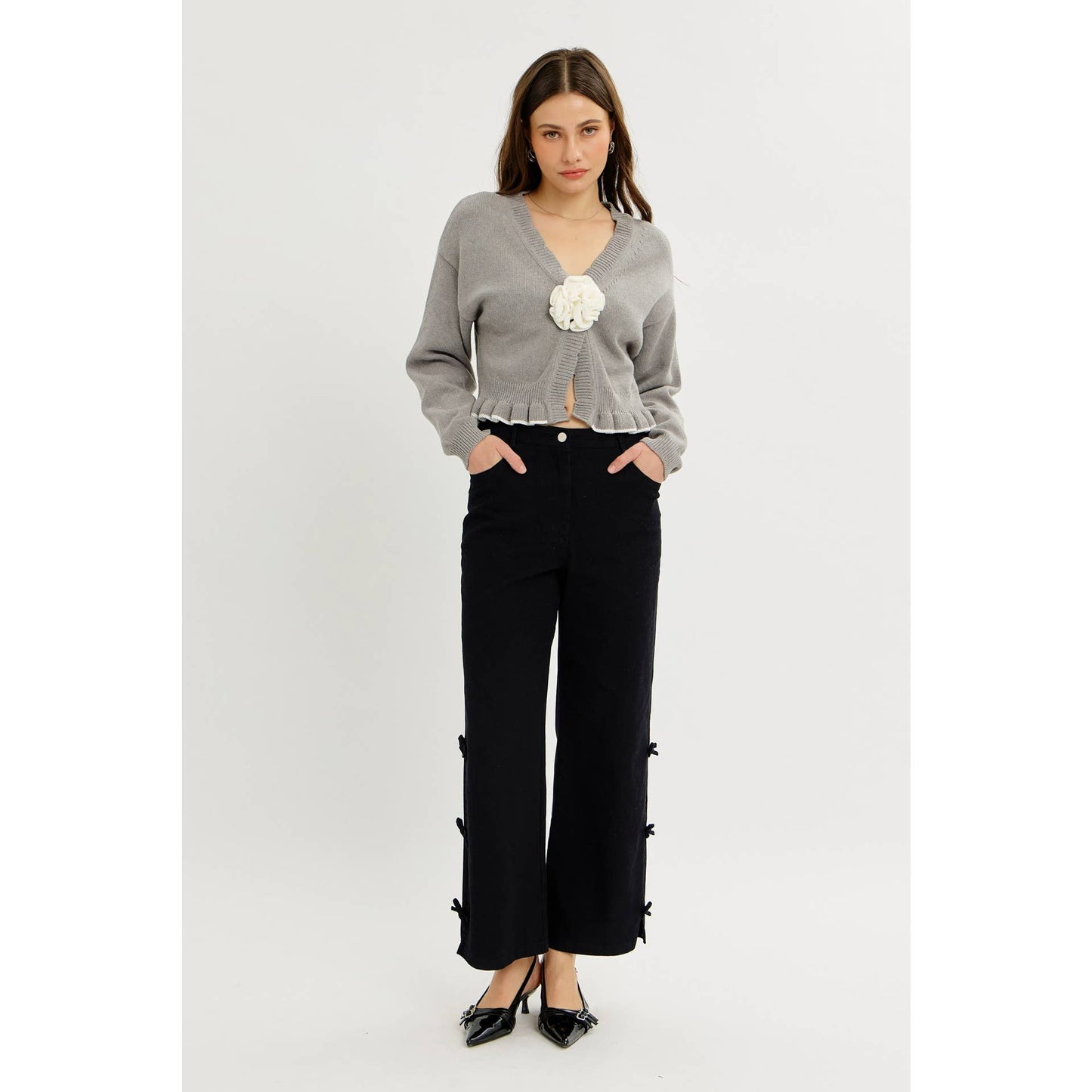 idem ditto - STATEMENT ROSETTE SNAP CARDIGAN WITH RUFFLED HEM