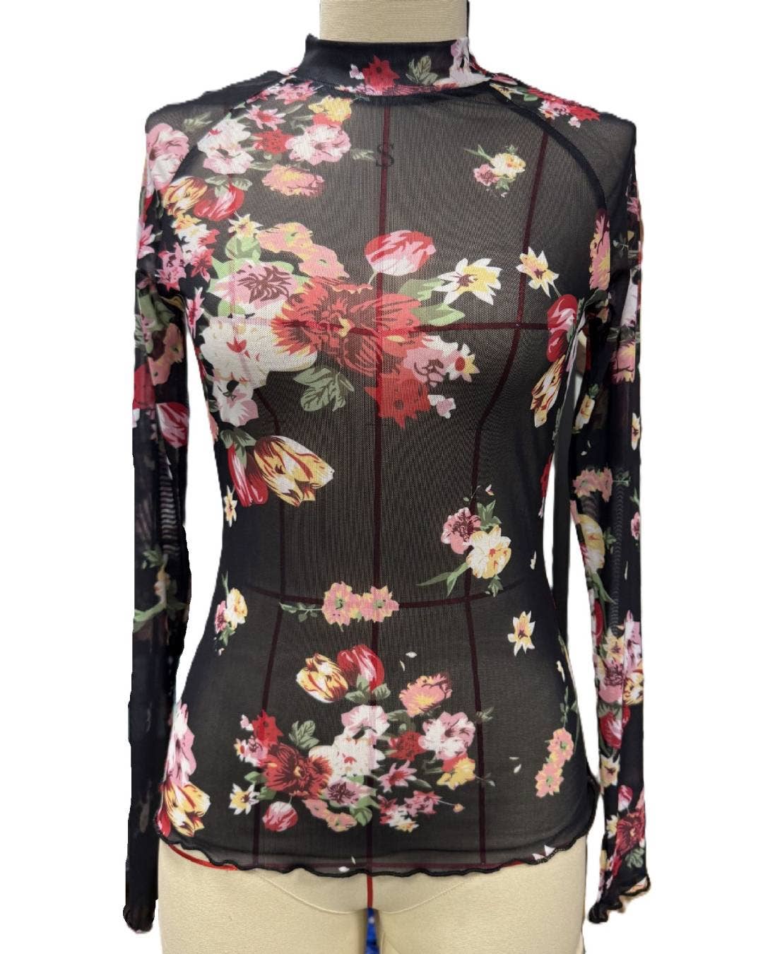 Rosa Clothing - Floral Print Mock Neck Sheer Mesh Top