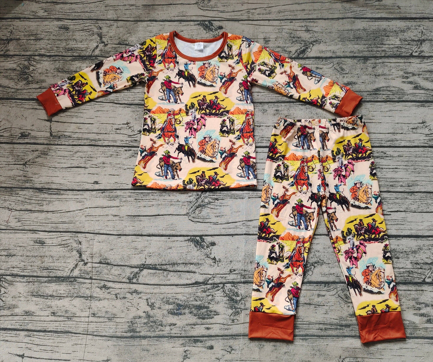 Baby Boys Rodeo Brown Western Tops Pants Pajamas Outfits Set