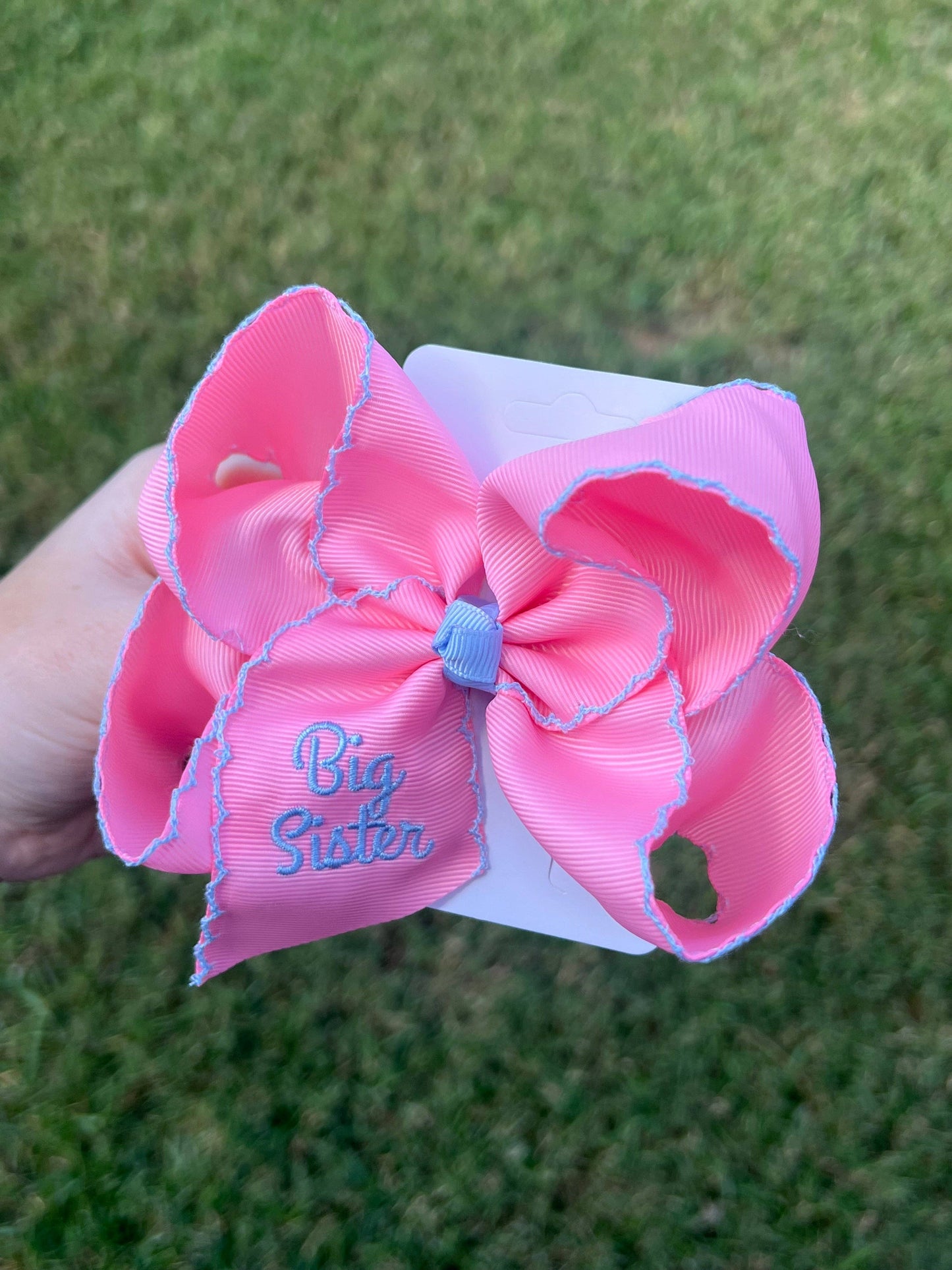 Just For Fun Threads - Big Sister Pink/Blue Moonstitch Hair Bow