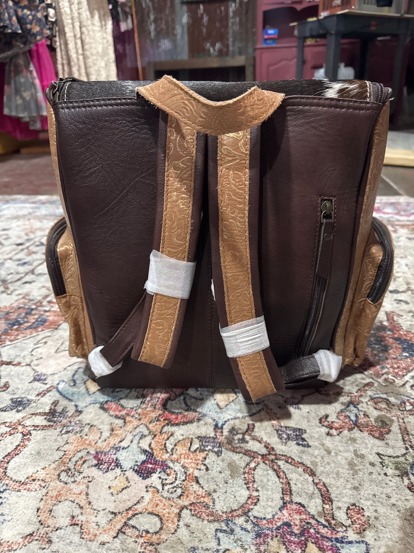 Gold Floral Embossed Leather Backpack