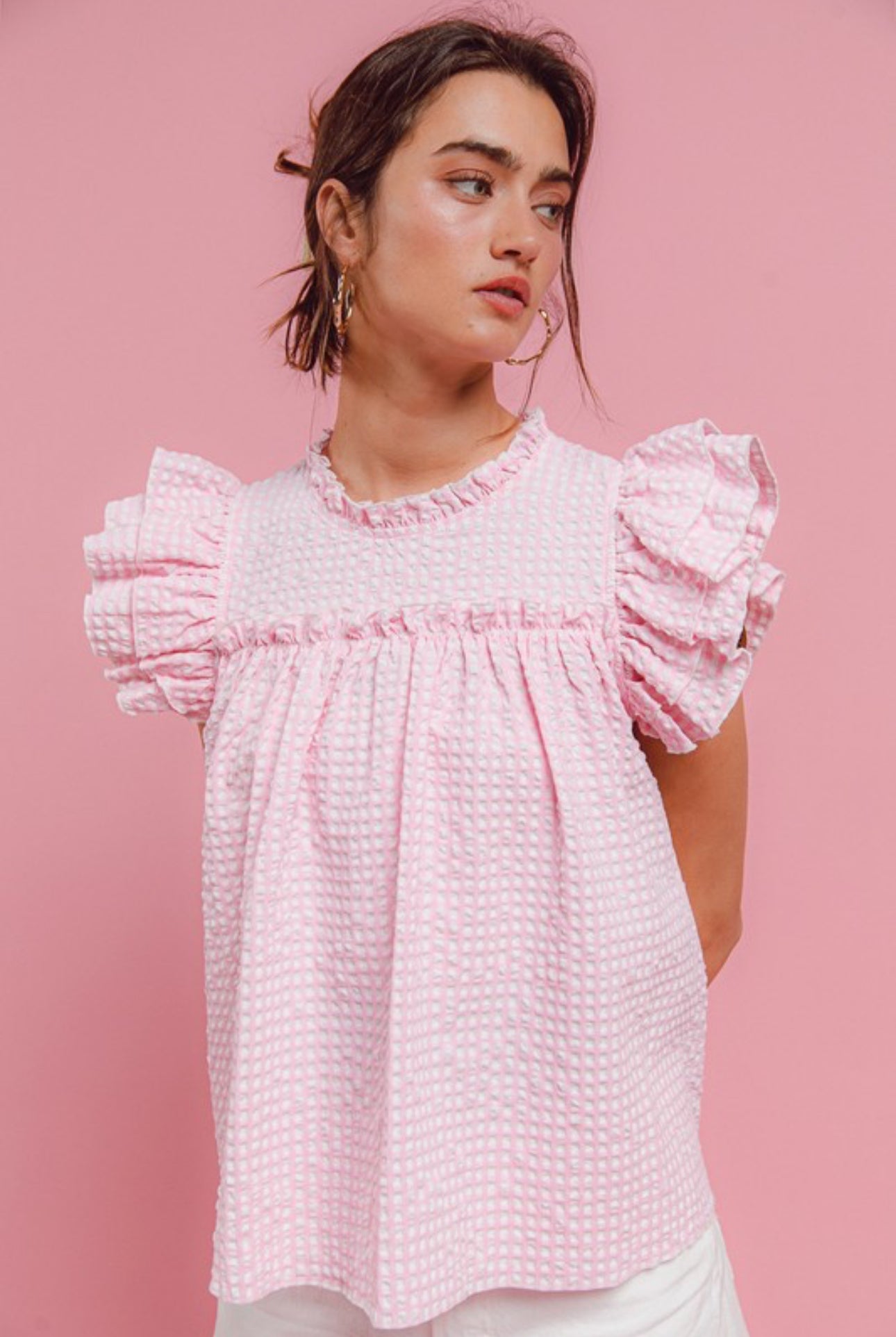 Crinkle Gingham Ruffle Sleeve Top