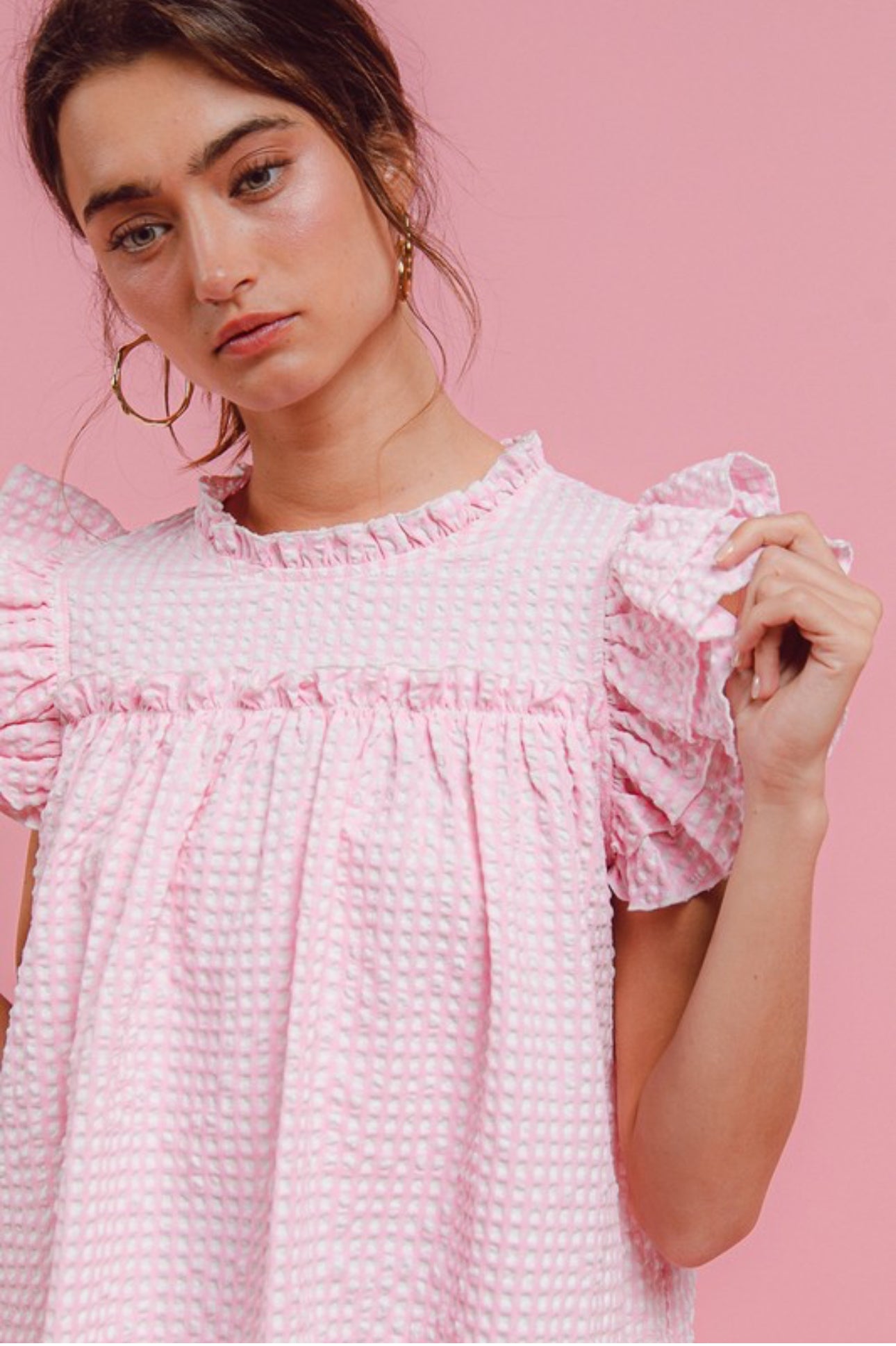 Crinkle Gingham Ruffle Sleeve Top