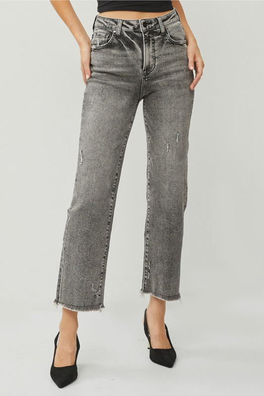 Risen High Rise Crop Straight Freyed Hem Jeans
