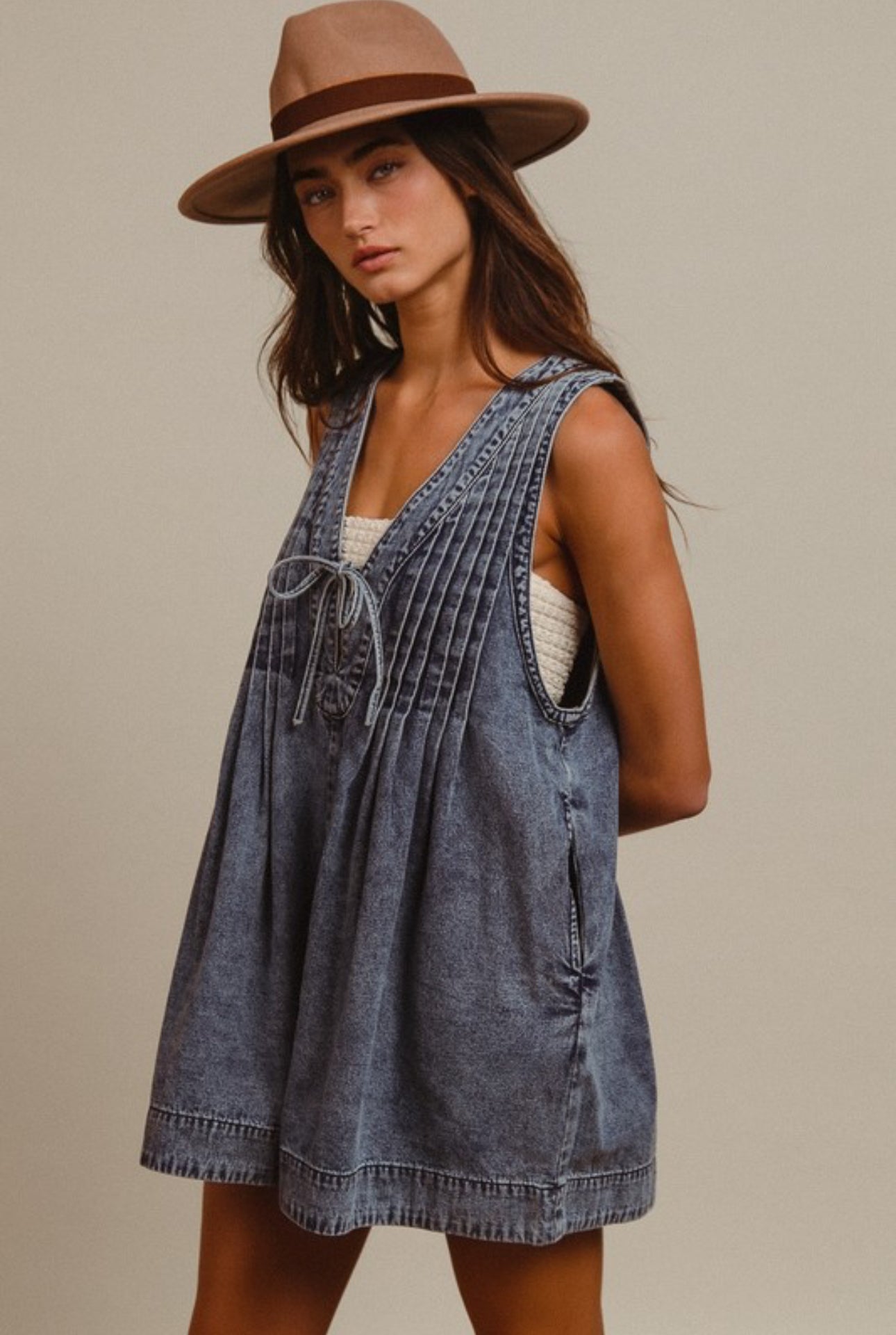 Mineral Washed Pintuck Romper with Sode Pocket