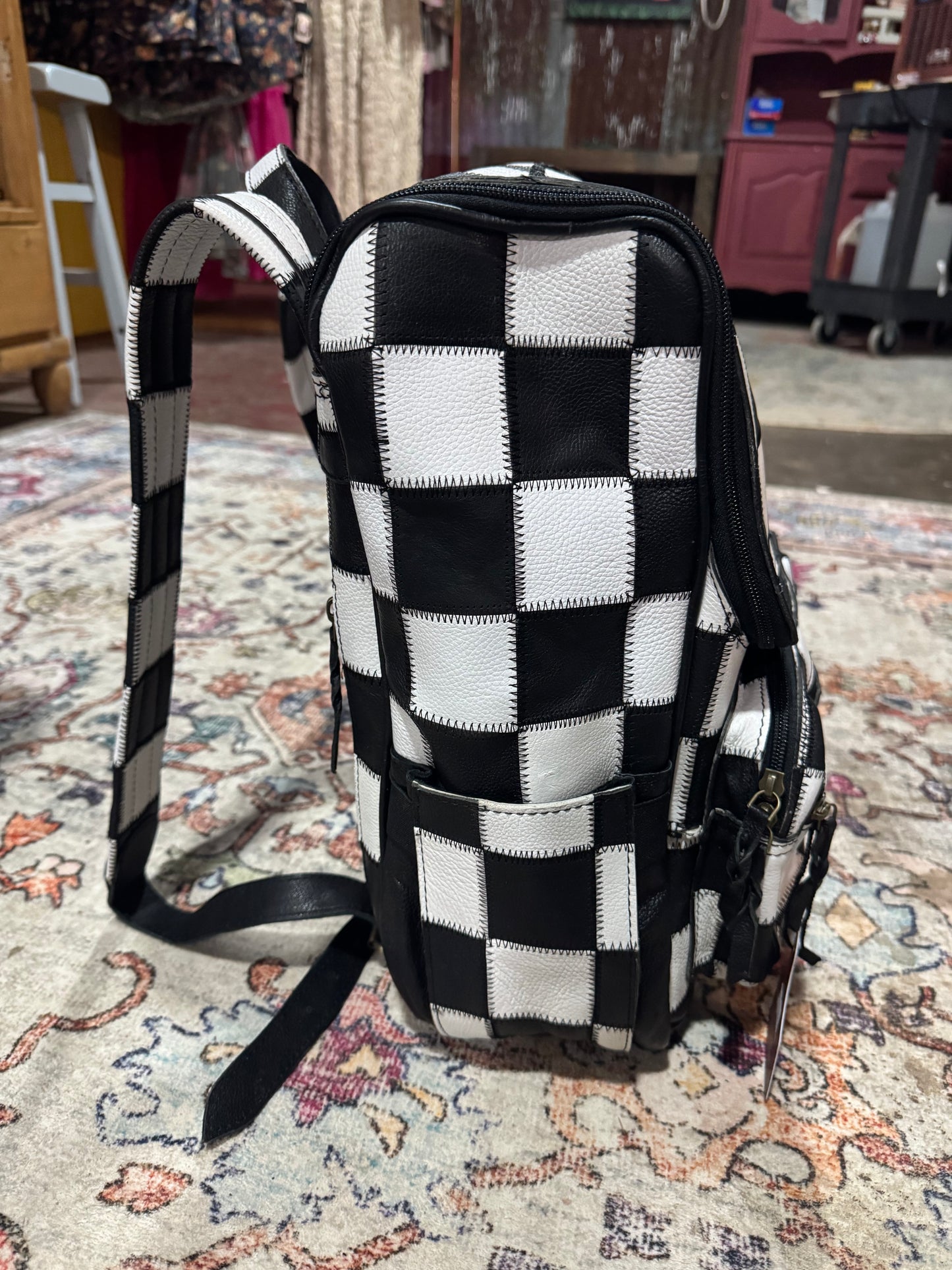 Leather Black And White Check Backpack