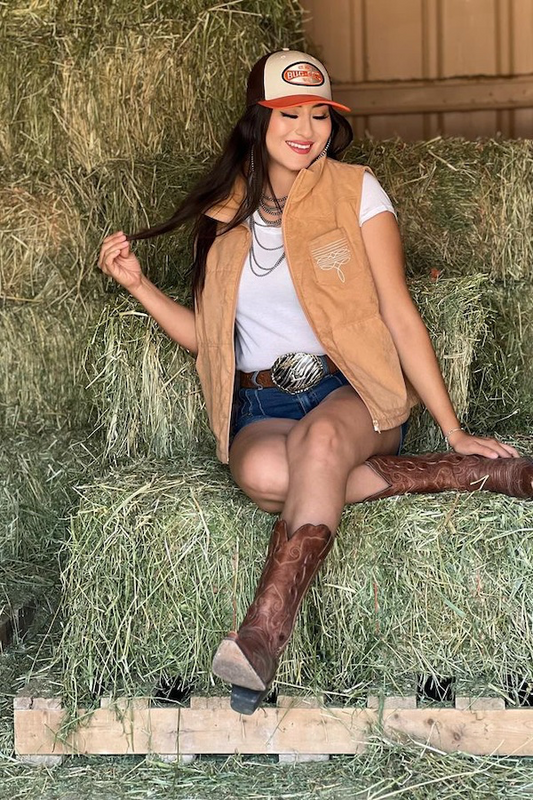 Lucky and Blessed Camel Puffer W Aztec Lining Boot Stitch Detail Vest