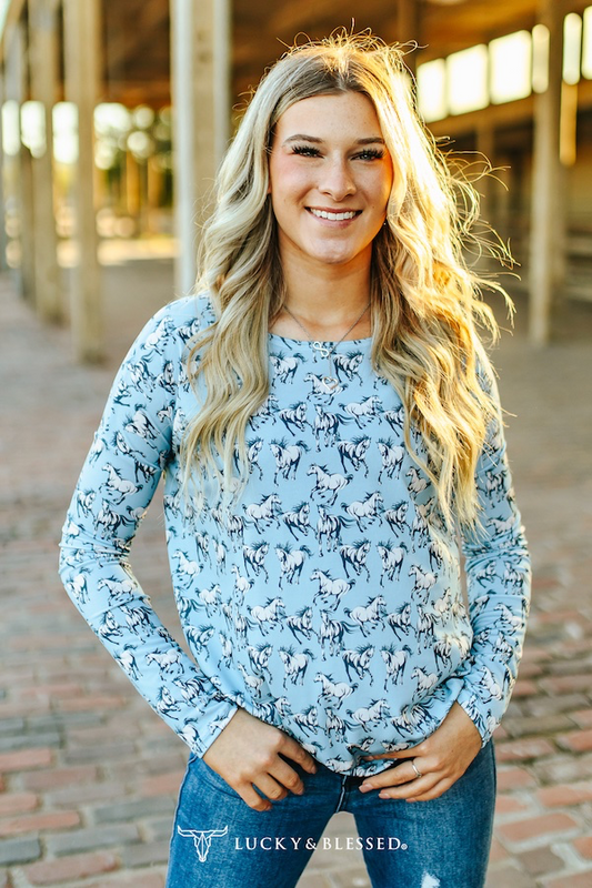 LIGHT BLUE RUNNING HORSE PRINTED DOLMAN LONG SLEEVE TOP