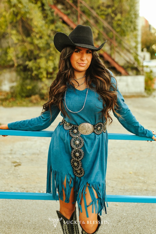 Teal Suede Long Sleeve Fringe Hem Dress