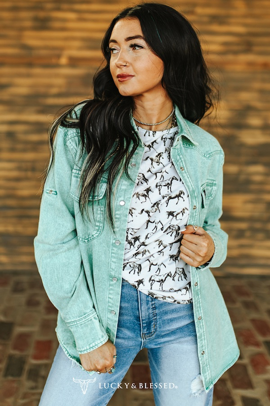 Jade Denim Pearl Snap Long Sleeve Shirt