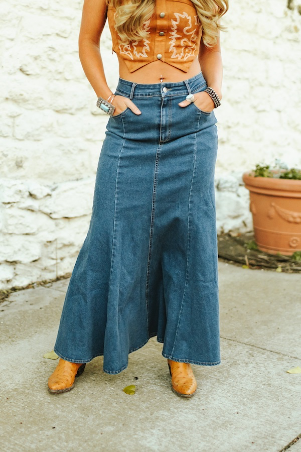 Dark Wash Stretch Denim Ruffled Hem Maxi Skirt